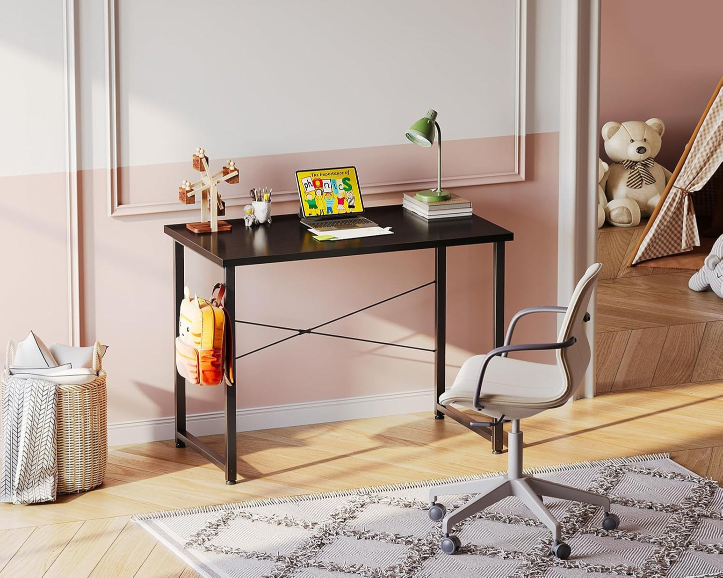 ODK 32 Inches Small Desk for Home Office, Computer Study Table for Small Spaces, Writing Desk with Headphone Hooks, Black