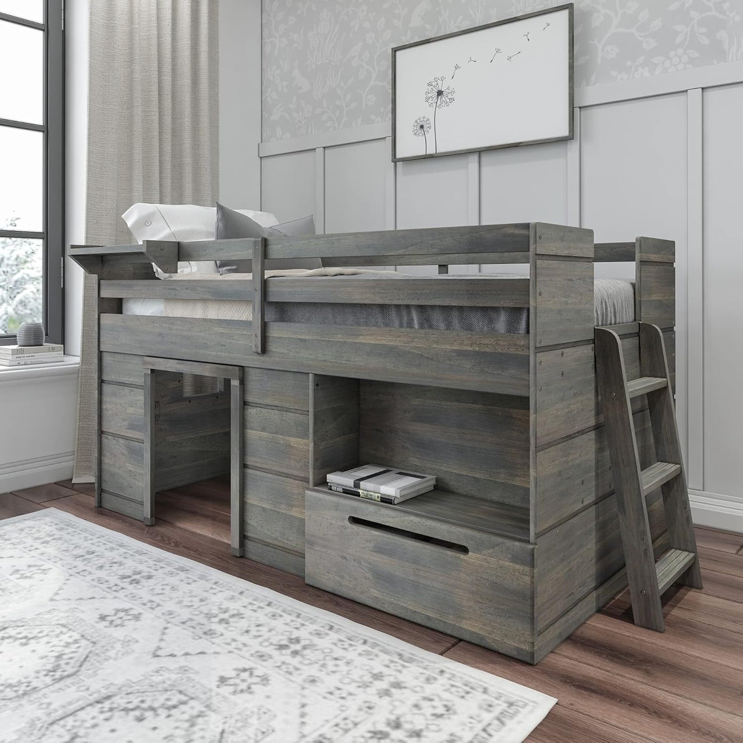 Max & Lily Loft Bed Twin Size, Solid Wood Low Loft Bed with Storage Drawer and Ladder, Modern Farmhouse Loft Bed for Kids, Driftwood