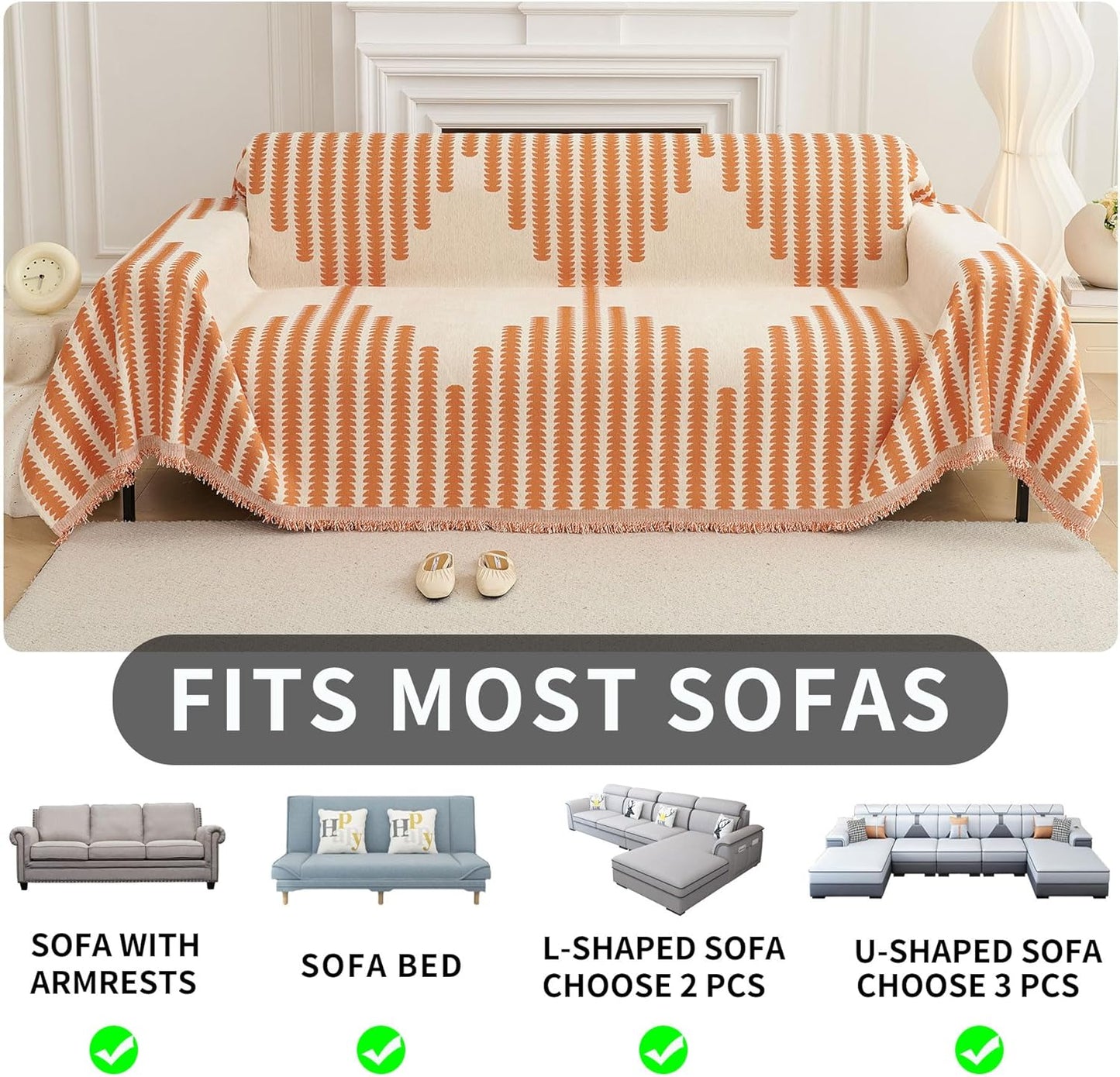 HAOMAIJIA Boho Sofa Covers Couch Covers for 2 Cushion Couch Sofa Pet Friendly Soft Thick Non Slip Couch Cover for Dogs Washable Sectional Couch Covers L Shape Furniture Protector (Orange, 71"x102")