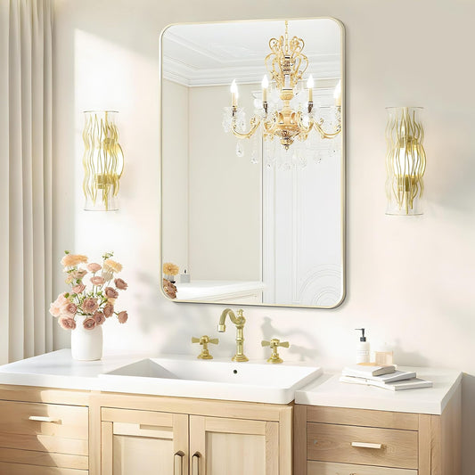24x36 Rounded Rectangle Bathroom Mirrors for Over Sink, Glod Vanity Mirror with Metal Frame Wall Mounted, Modern Farmhouse Mirror for Restroom, Bedroom, Entryway Decor