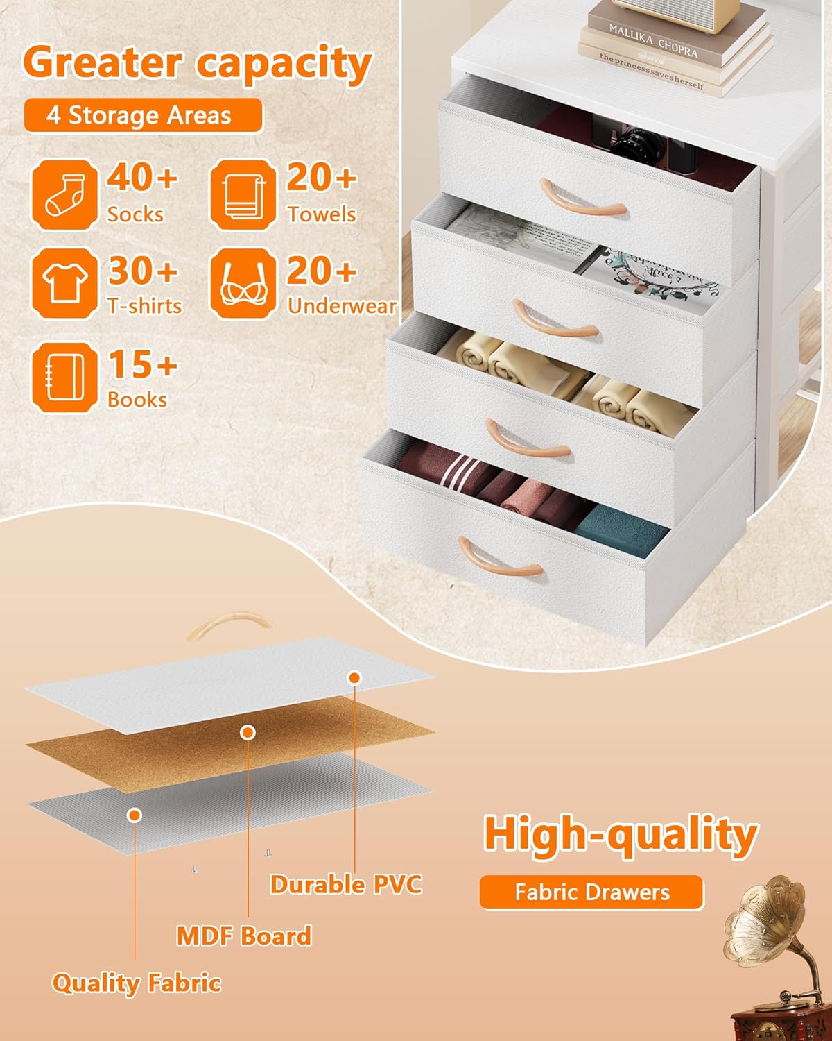 Furnulem Nightstand, White Tall Night Stand with Charging Station and LED Lights, Bedside Table for Bedroom, Office, Hallway, 4 Fabric Drawers, Metal Frame, Wood Shelves