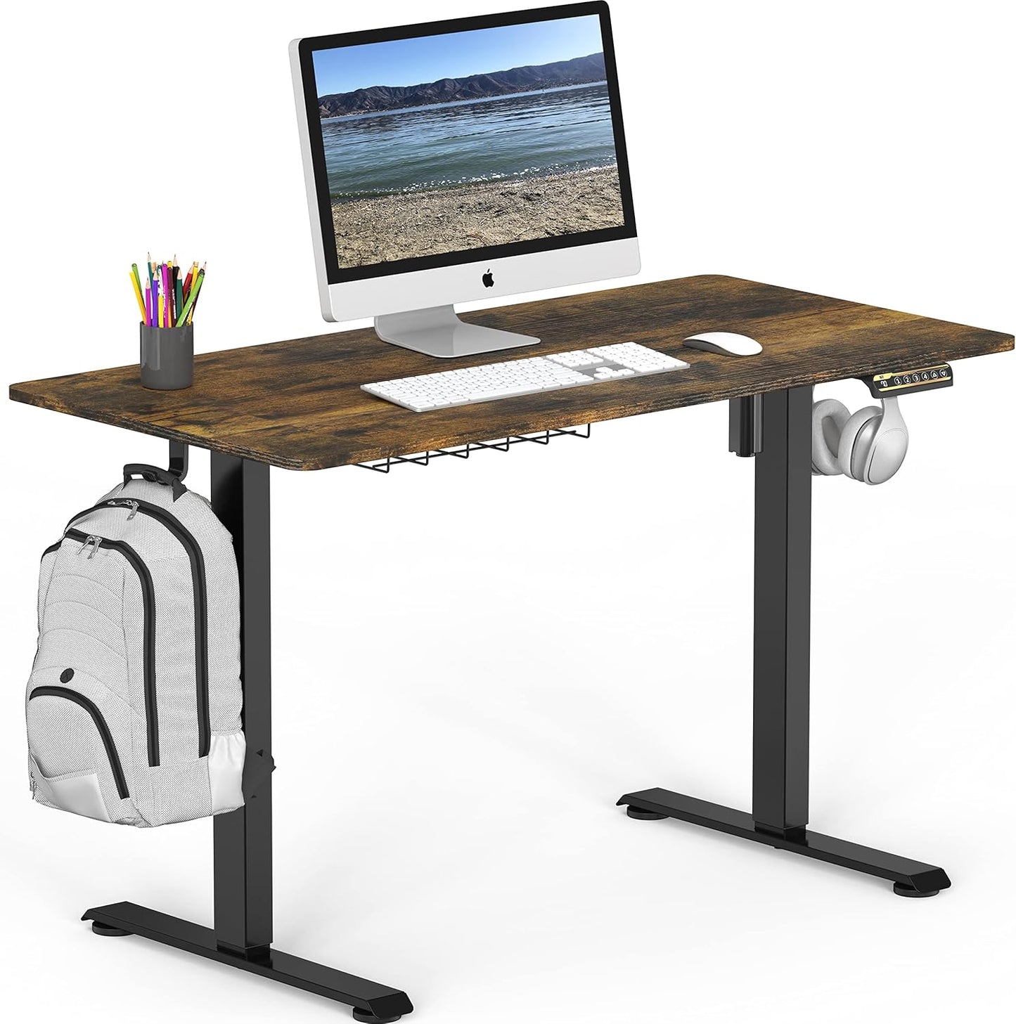 SHW 48-Inch Electric Height Adjustable Sit to Stand Desk with Hanging Hooks and Cable Management, Black Frame and Rustic Brown Top
