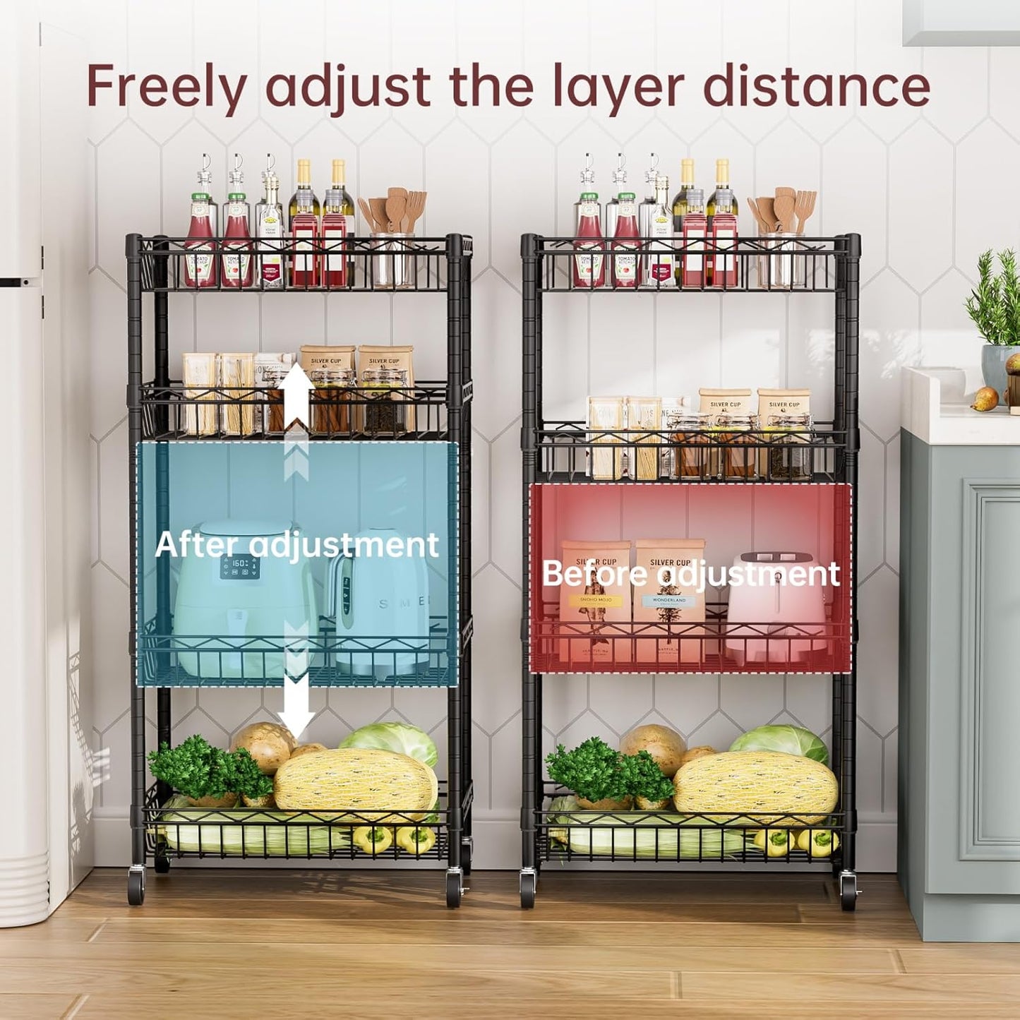 SINGAYE 4 Tier Basket Shelf Wire Shelving Unit Adjustable Storage Shelves Big Basket Rack for Garage Kitchen Office Pantry Corner 17" Dx12 Wx50 H Black