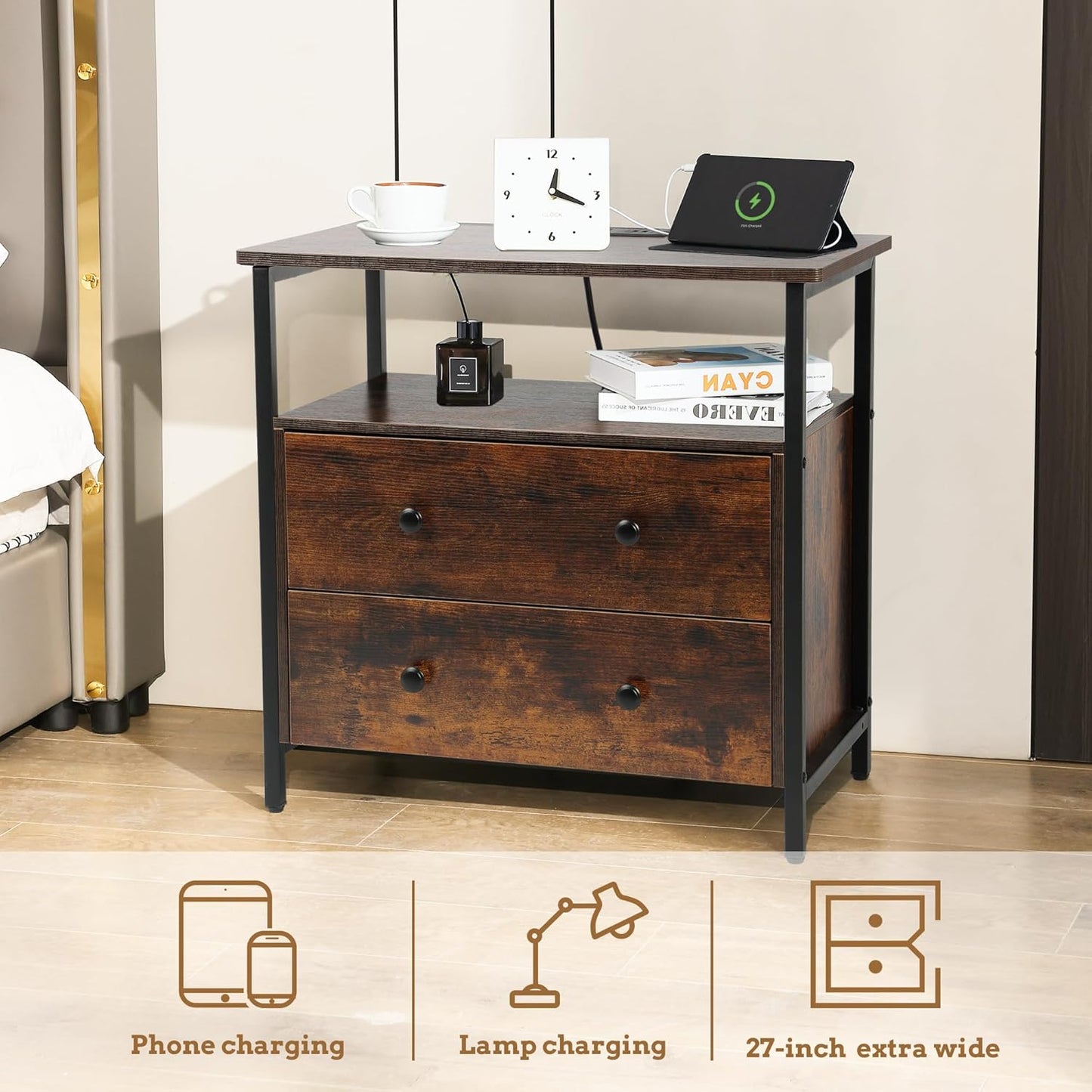 27 inch Wide Nightstand with Charging Station, Bedside Table with Open Shelf, 2 Drawers Small Wood Dresser, End Side Table for Bedroom (Rustic Brown)