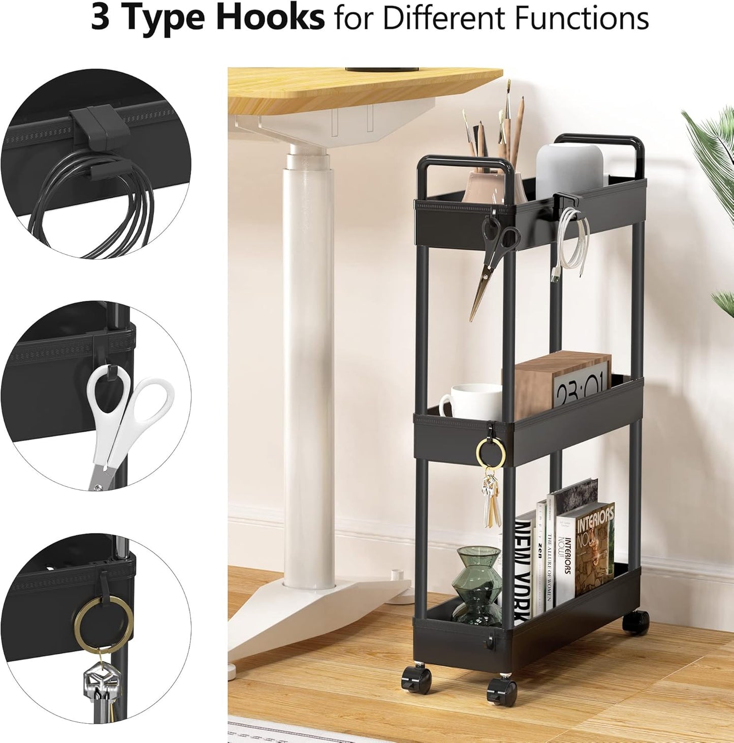 SOLEJAZZ Slim Rolling Storage Cart with Wheels 3 Tier Skinny Bathroom Storage Organizer Thin Laundry Room Utility Cart Space-Saving for Bedside Kitchen Office Small Narrow Places, Black