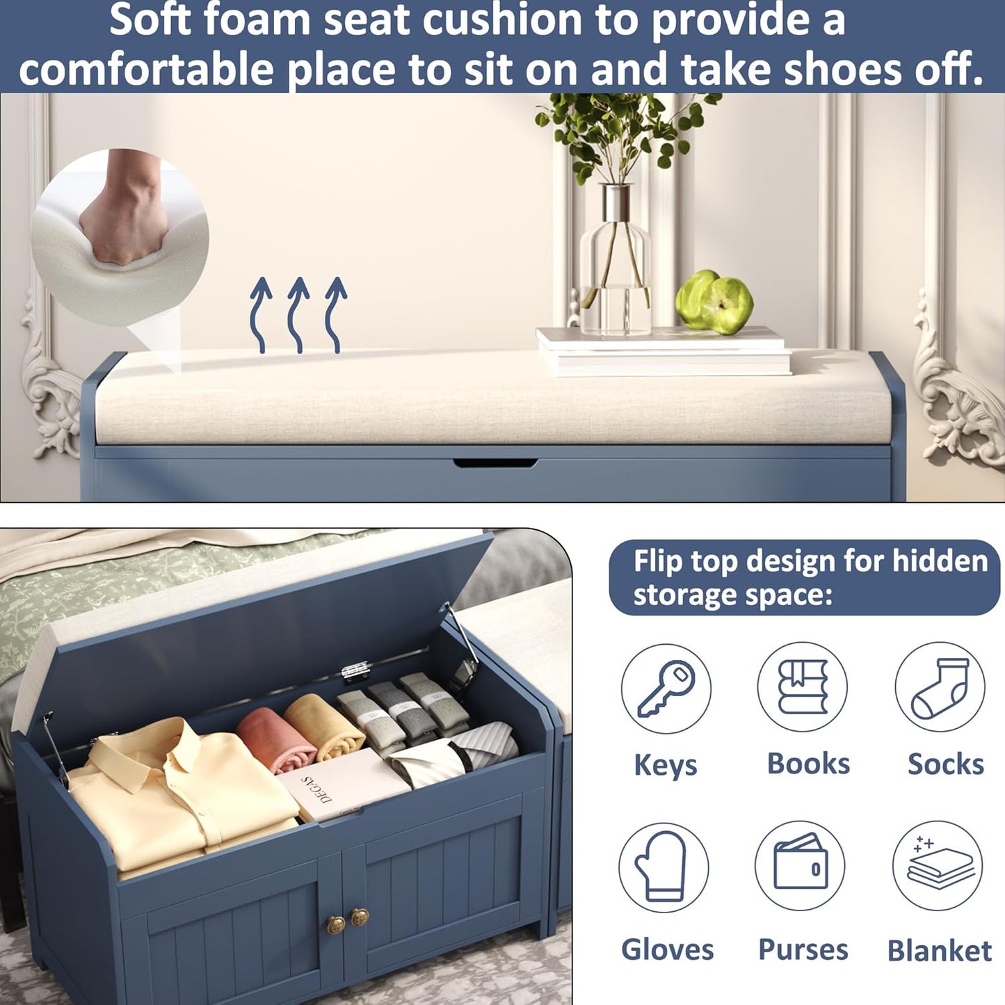HOMEFORT 30" Shoe Bench with Lift Top Storage, Entryway Bench with Cushioned Seat, Wooden End of Bed Bench, Shoe Cabinet Bench with Hidden Storage Space, for Bedroom, Hallway, Blue
