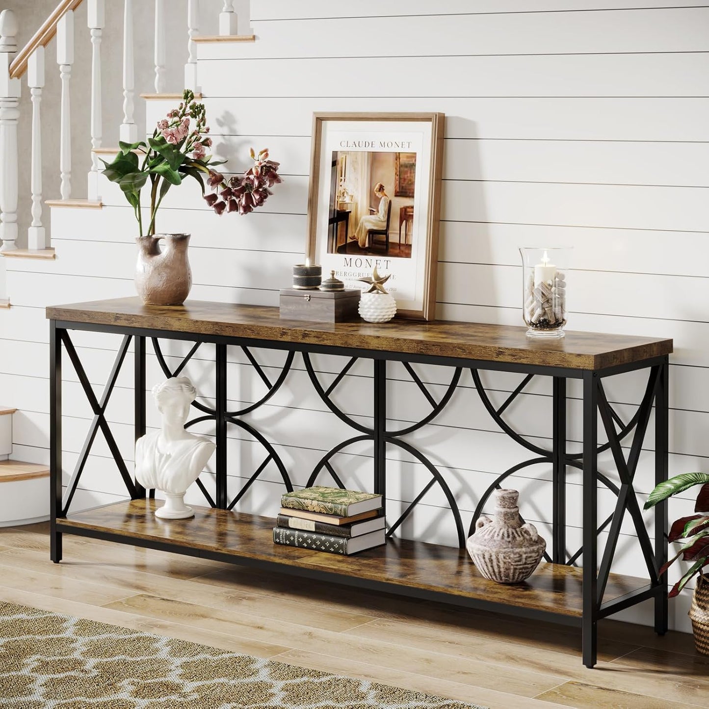 70.9-Inch Extra Long Sofa Table, Narrow Console Table Behind Couch with Storage for Entryway, Living Room, Entrance, Hallway, Foyer, Unique Geometric (Rustic Brown)