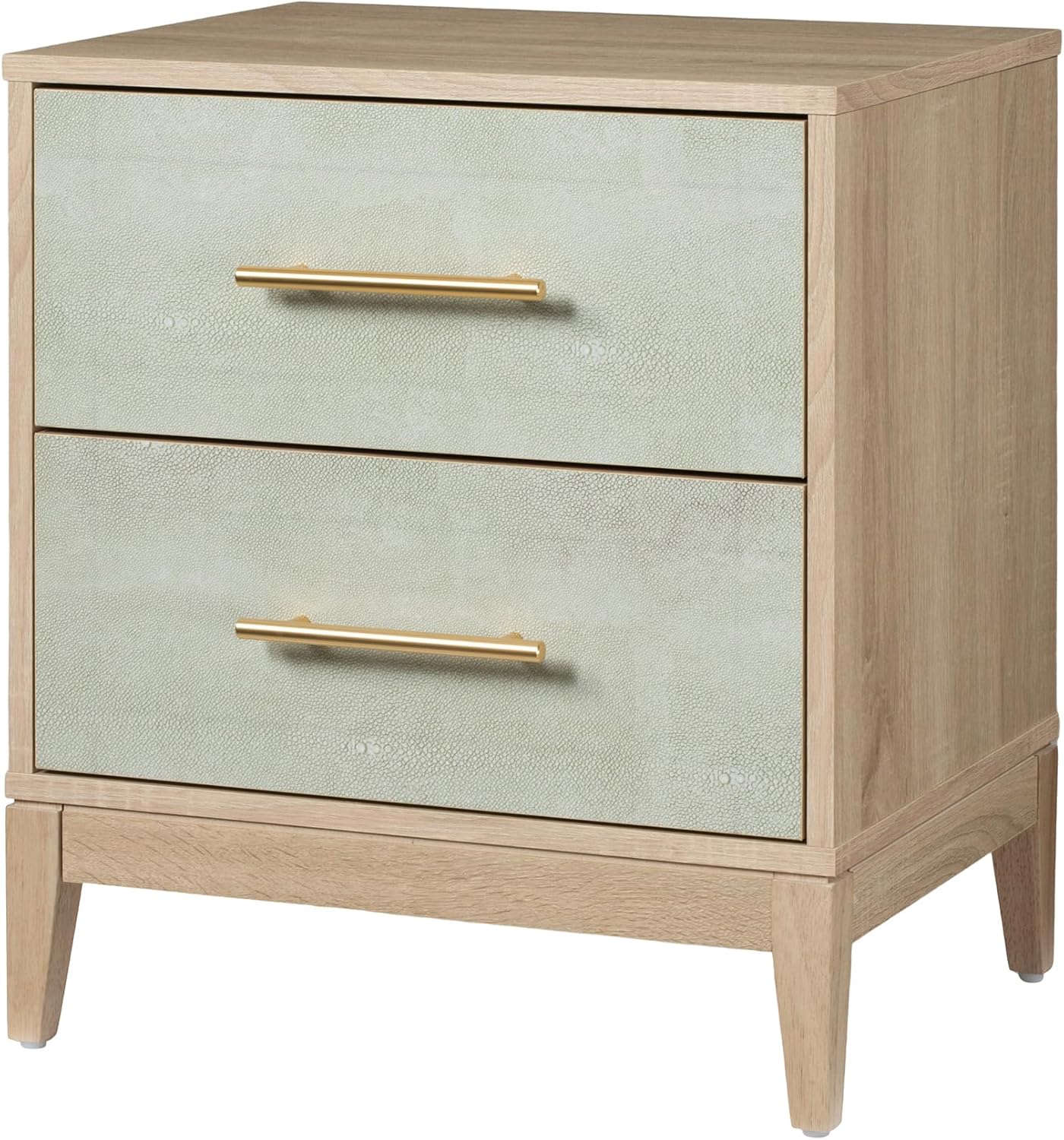 Sango Shagreen 2-Drawer Nightstand, Modern Natural Wood Bedside Table with Gray Faux Shagreen Drawer Fronts, Brass Handles, Sturdy Legs, Elegant Storage for Contemporary & Luxury Homes
