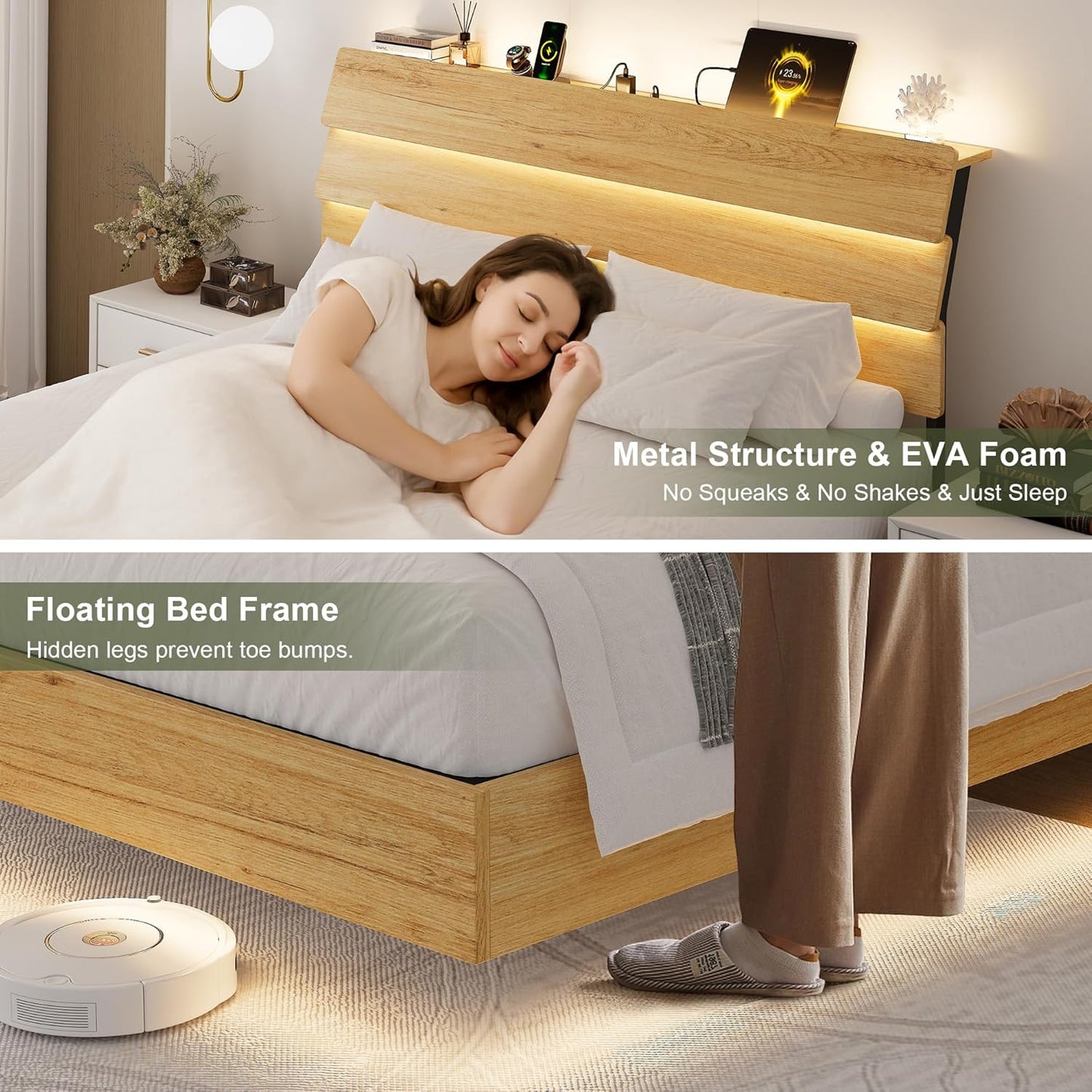 Feonase Floating Bed Frame King with Led Lights and Charging Station, Wood Full Size Bed Frame with Storage Headboard, Heavy Duty Metal Slats, No Box Spring Needed, Easy Assembly,Oak