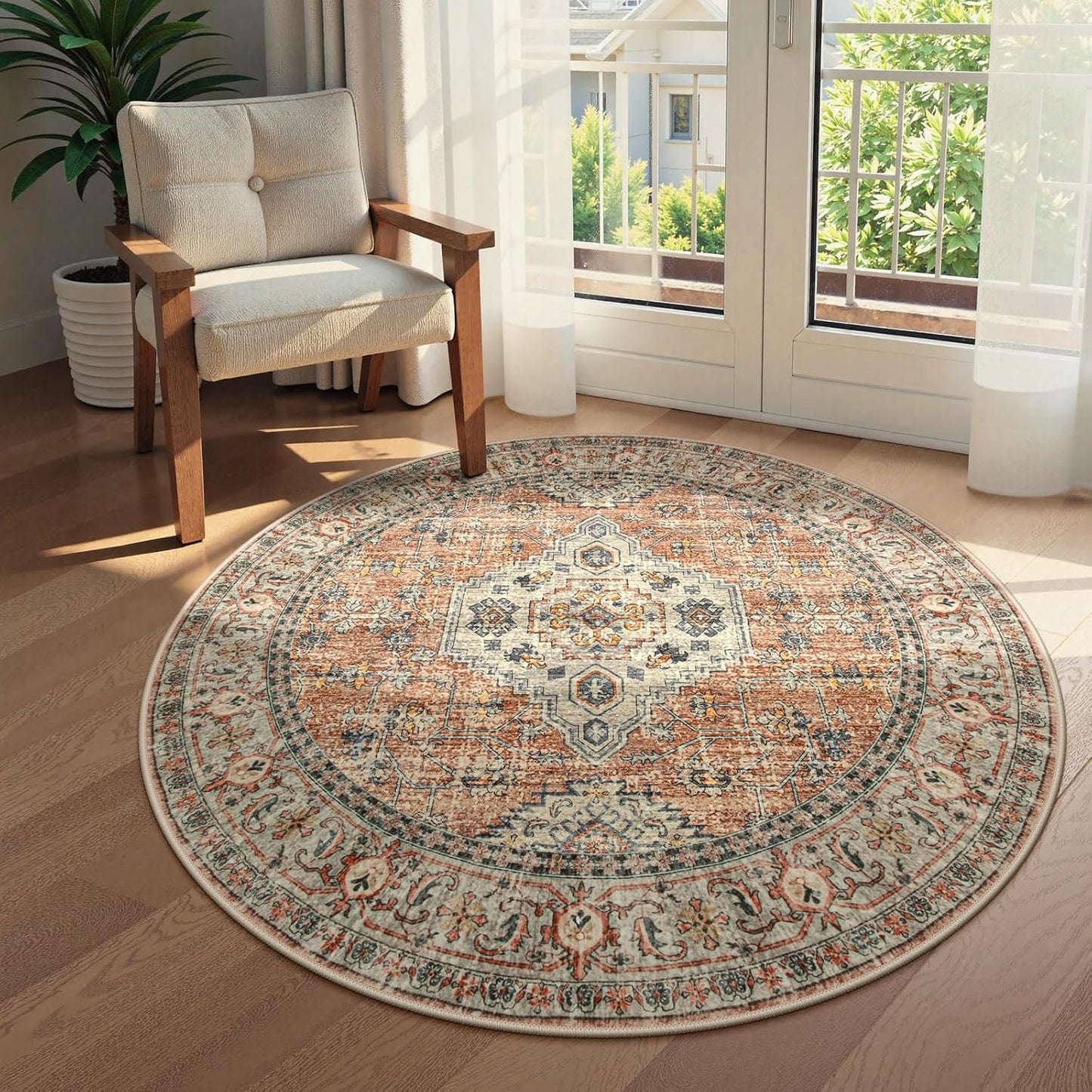 Lahome Oriental Washable Round Rugs, Non-Slip Round Rug 4ft Ultra-Thin, Vintage Soft Small Circle Carpet for Entryway Kitchen Bedroom Nursery Bathroom, Peach/Orange