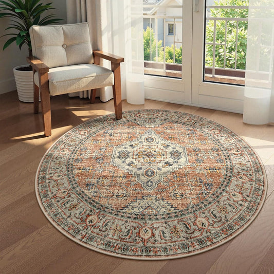 Lahome Oriental Washable Round Rugs, Non-Slip Round Rug 4ft Ultra-Thin, Vintage Soft Small Circle Carpet for Entryway Kitchen Bedroom Nursery Bathroom, Peach/Orange