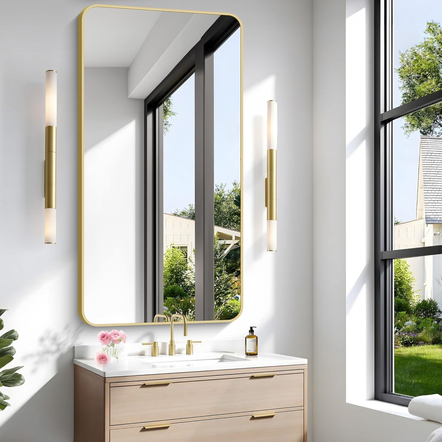 Gold Bathroom Mirror,24x48 inch Wall Mirror for Bathroom Wall Mounted,Round Rectangle Mirror for Bathroom Over Sink,Modern Frame for Home Decor Living Room,Bedroom Entryway,Horizontal/Vertical