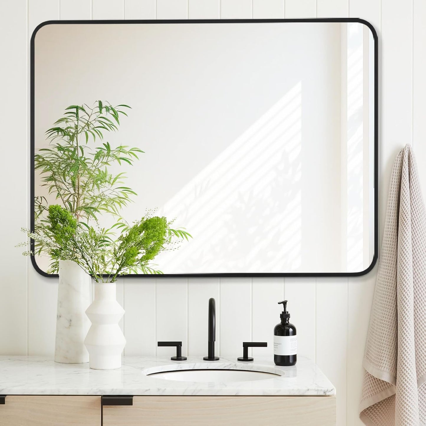 24x32 Inch Rectangle Bathroom Mirror with Black Metal Frame, Rounded Corner Rectangular Vanity Mirror for Wall, Modern Large for Bedroom, Living Room, Horizontal or Vertical