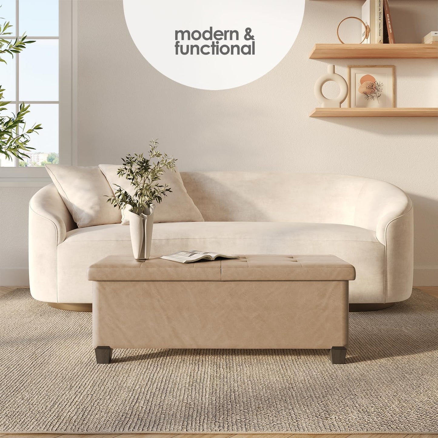 STORAGEBUD Storage Ottoman Bench with Bins, 43-in Storage Bench for Bedroom End of Bed, Folding Foot Rest Ottoman for Living Room Max 660lbs, Faux Leather Ottomans, Taupe