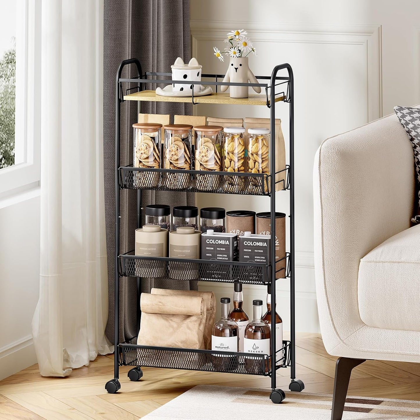 KINGRACK Metal Slim Rolling Cart,4-Tier Metal Utility Cart,Storage Cart with Wooden Tabletop, for Narrow Space on Laundry Bathroom Kitchen Room Bedroom Apartments Dormitory (Pure Black, Slim)