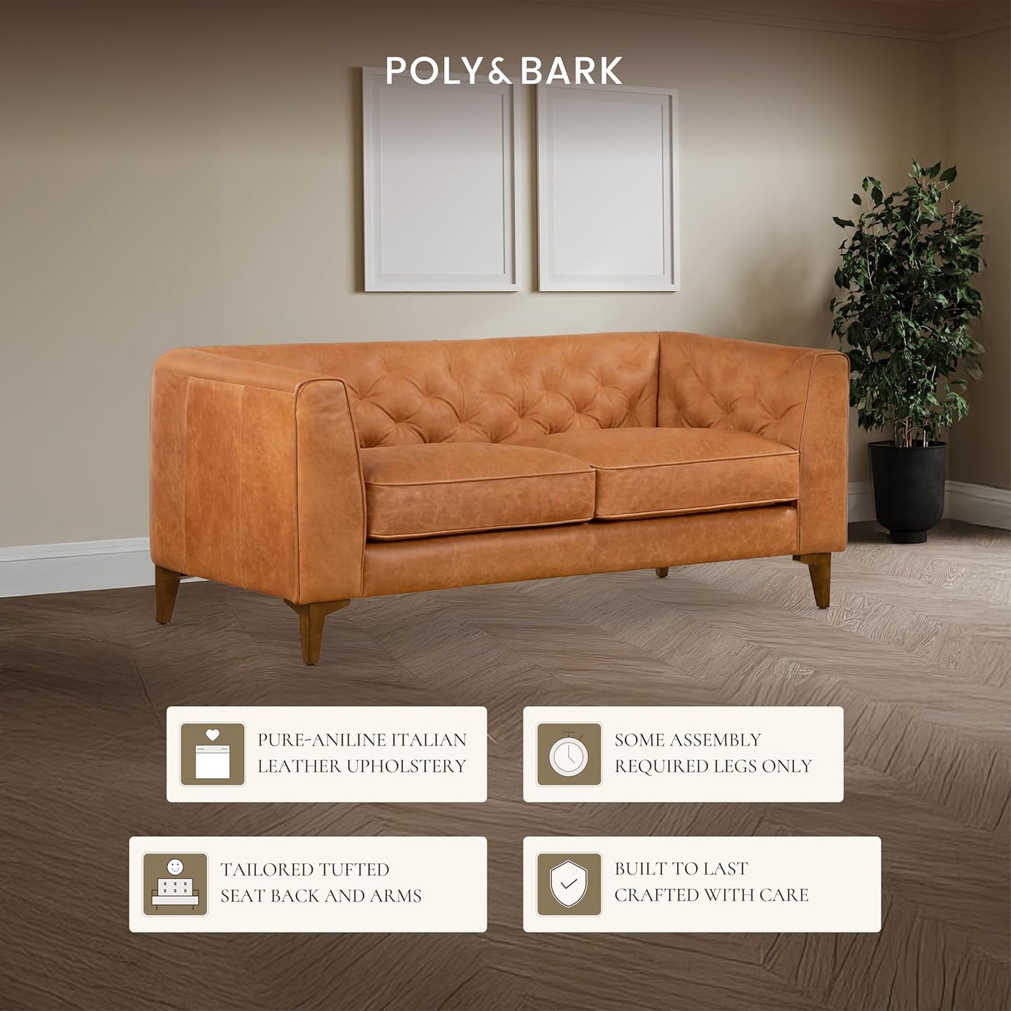 POLY & BARK 74” Essex Apartment Leather Couch - Apartment Sofa with Tufted Back - Full-Grain Leather Sofa for Living Room with Feather-Down Topper - Vintage Italian Leather in Cognac Tan