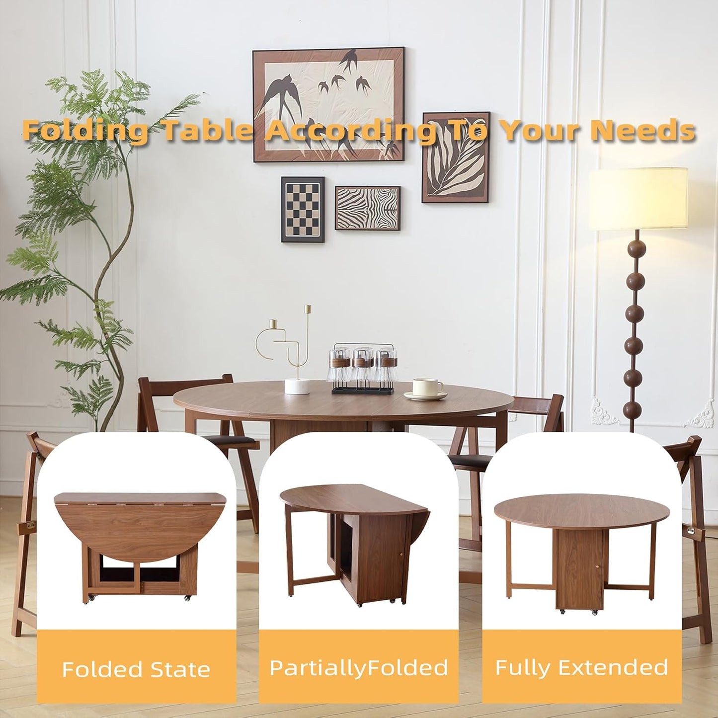 47.3" Round Folding Dining Table for 4-8, Wood Kitchen Foldable Table Large Drop Leaf Dinner Table with Storage Shelf Metal Legs for Home Dining Room Living Room in Walnut