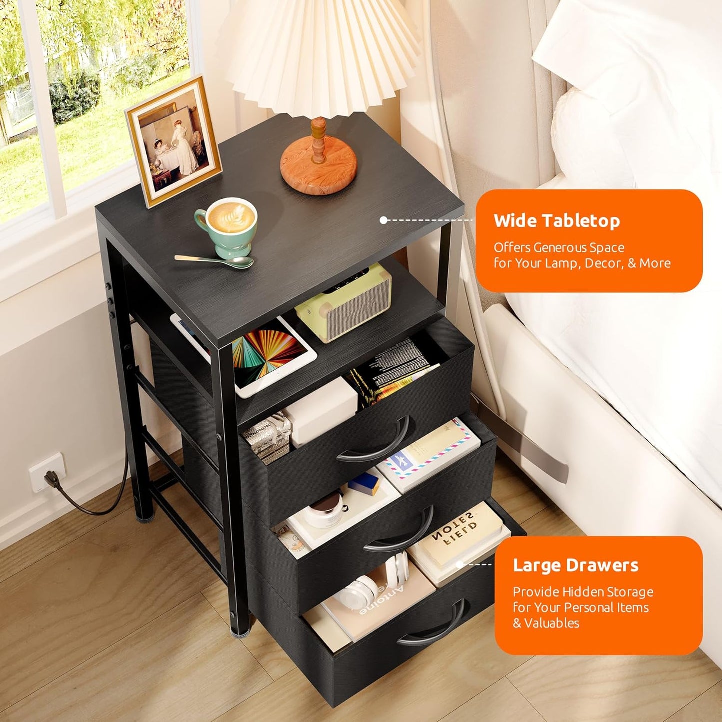 NightStand Bedside Charging Table Bedroom - Night Stand with Charger Station, Black Modern Bed Side End Table with Open Shelf & 3 Fabric Drawers, USB-C USB Ports & AC Outlets for Dorm, Living Room