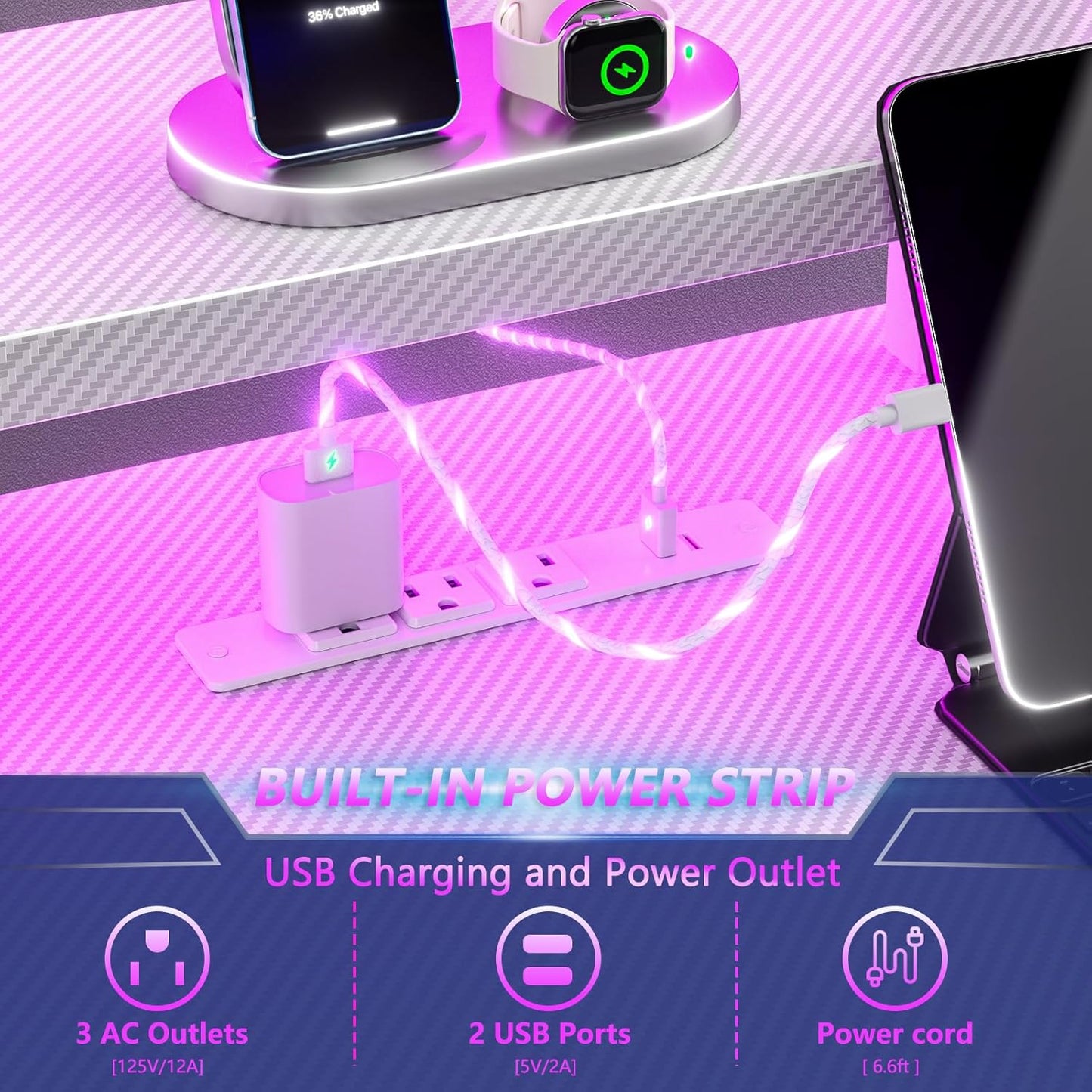 55 Inch White Gaming Desk with Power Outlet & LED Lights, L Shaped Computer Desk Gaming with 3 Tiers Storage Shelves, Reversible Corner Desk with Monitor Stand for Bedroom