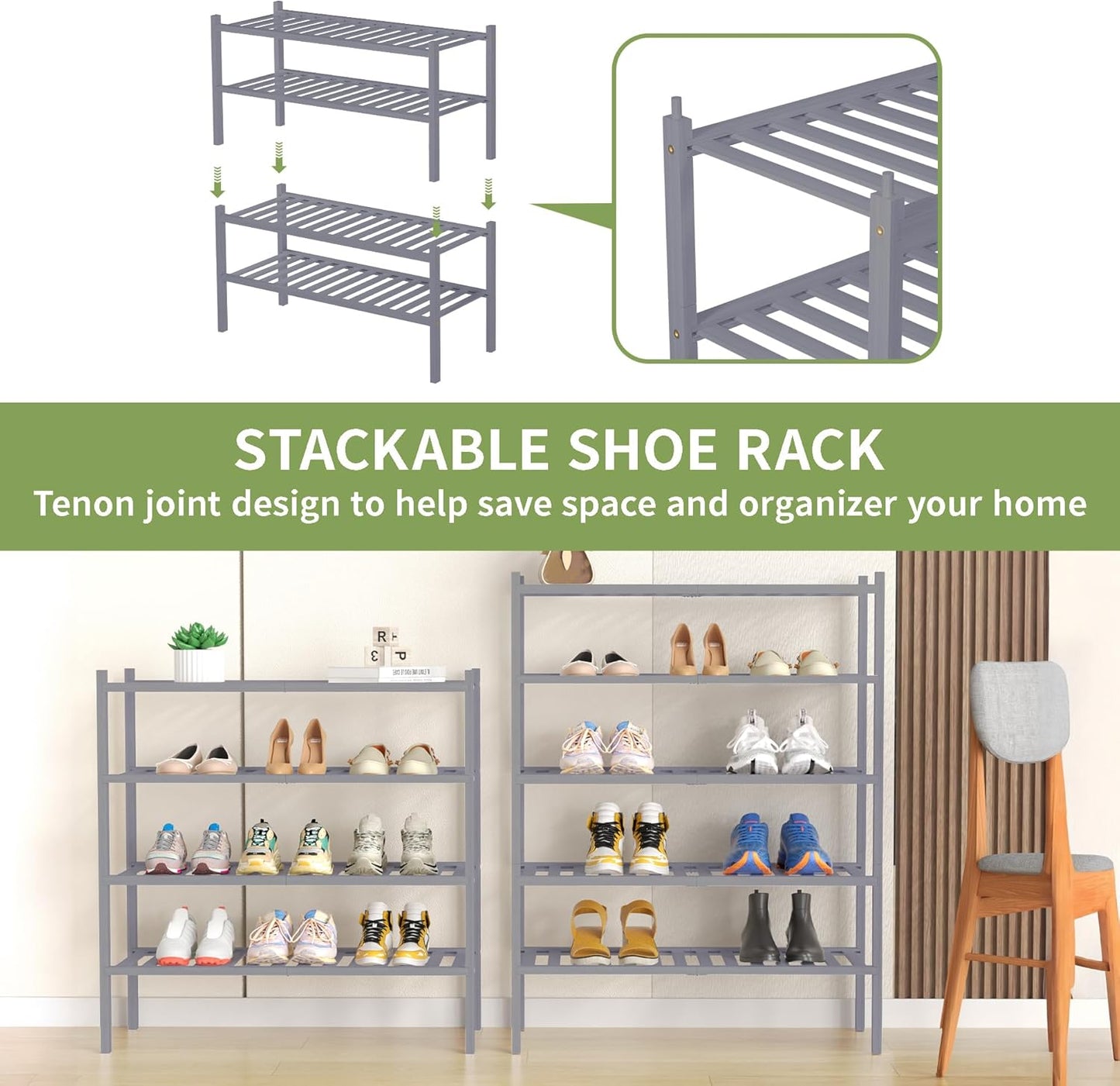 4 Tier Bamboo Shoe Rack for Closet Free Standing Wood Shoe Shelf for Entryway Small Space Stackable 27"x11"x26" (Grey)