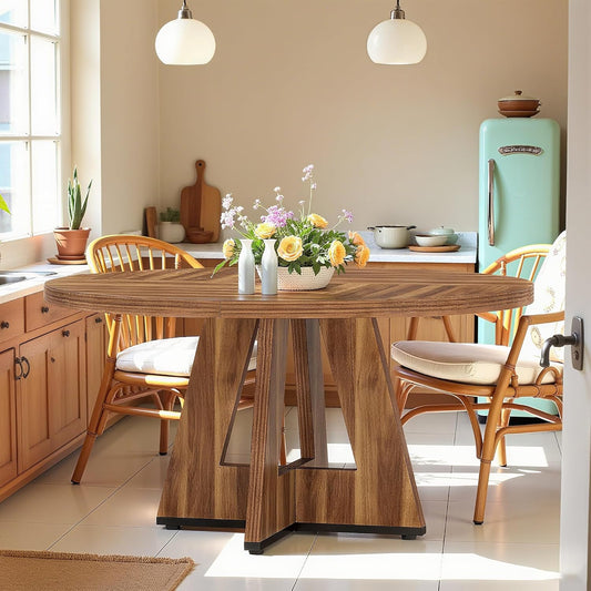 47" Round Dining Table for 4-6, Modern Dinner Table Farmhouse Round Small Kitchen Tables with Wooden Cross Base for Dining Room, Kitchen, Living Room, Vintage Brown