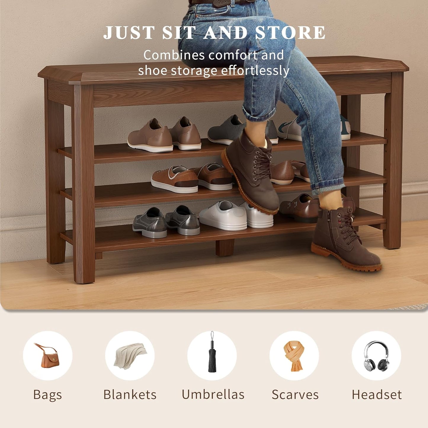 Shoe Rack for Front Door Entrance, Solid Wood Shoe Bench for Closet, Holds Up to 550lbs, Shoe Rack Bench for Entryway, Mudroom, Hallway