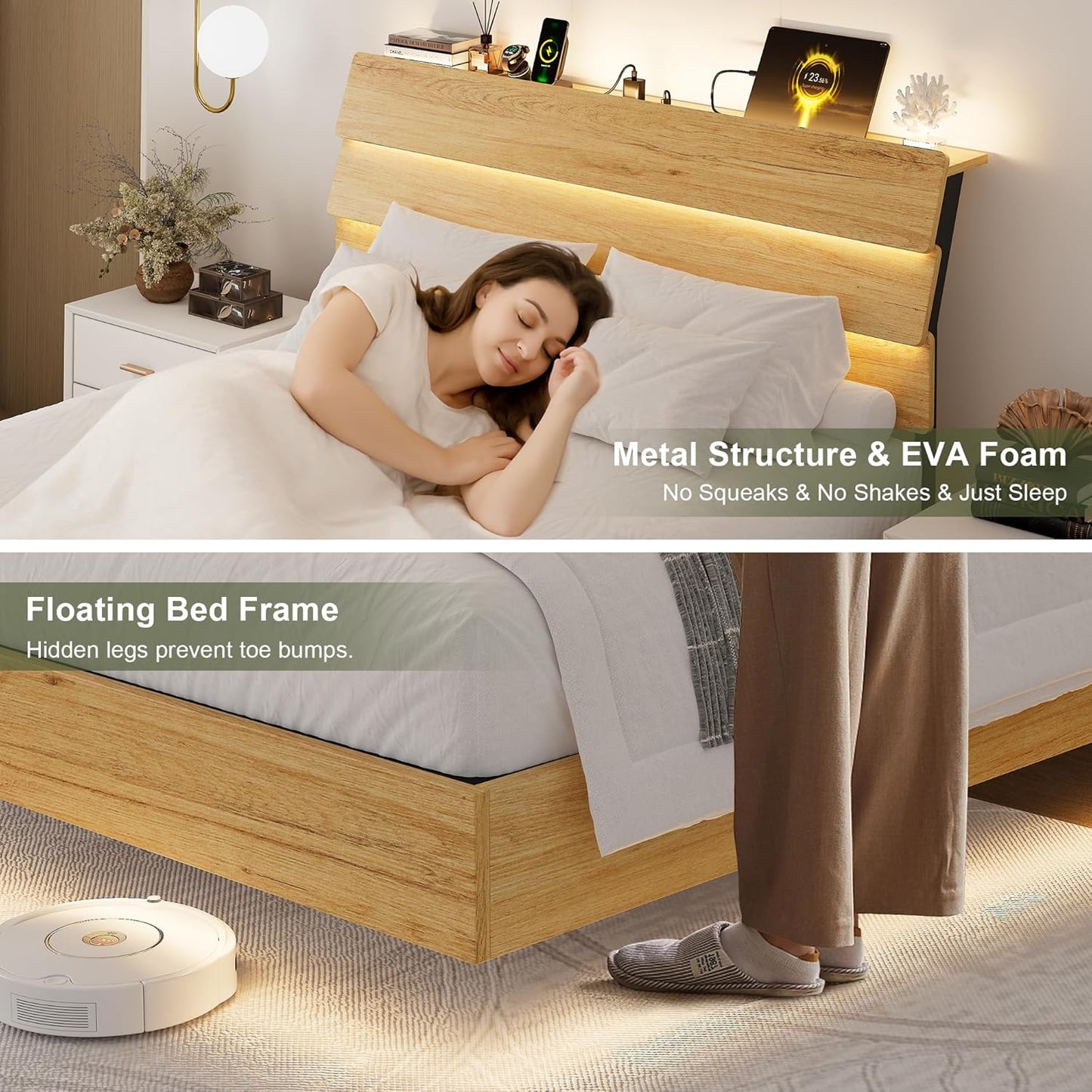 Feonase Floating Bed Frame Queen with Led Lights and Charging Station, Wood Full Size Bed Frame with Storage Headboard, Heavy Duty Metal Slats, No Box Spring Needed, Easy Assembly,Oak