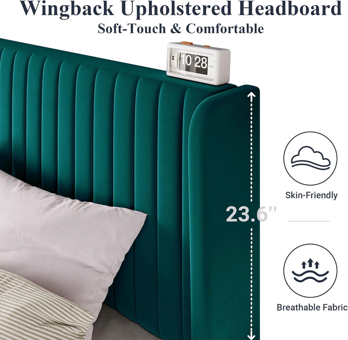 Allewie Queen Size Bed Frame/Velvet Upholstered Platform Bed/Vertical Channel Tufted Wingback Headboard/Strong Wooden Slats/No Box Spring Needed/Easy Assembly/Teal