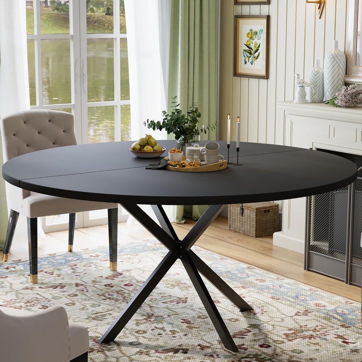 47.24" Round Dining Table, Modern Dining Room Table for 4-6 Person, Wood Round Kitchen Table with Metal Legs, Round Coffee Table for Home Dining Room Living Room (Black)