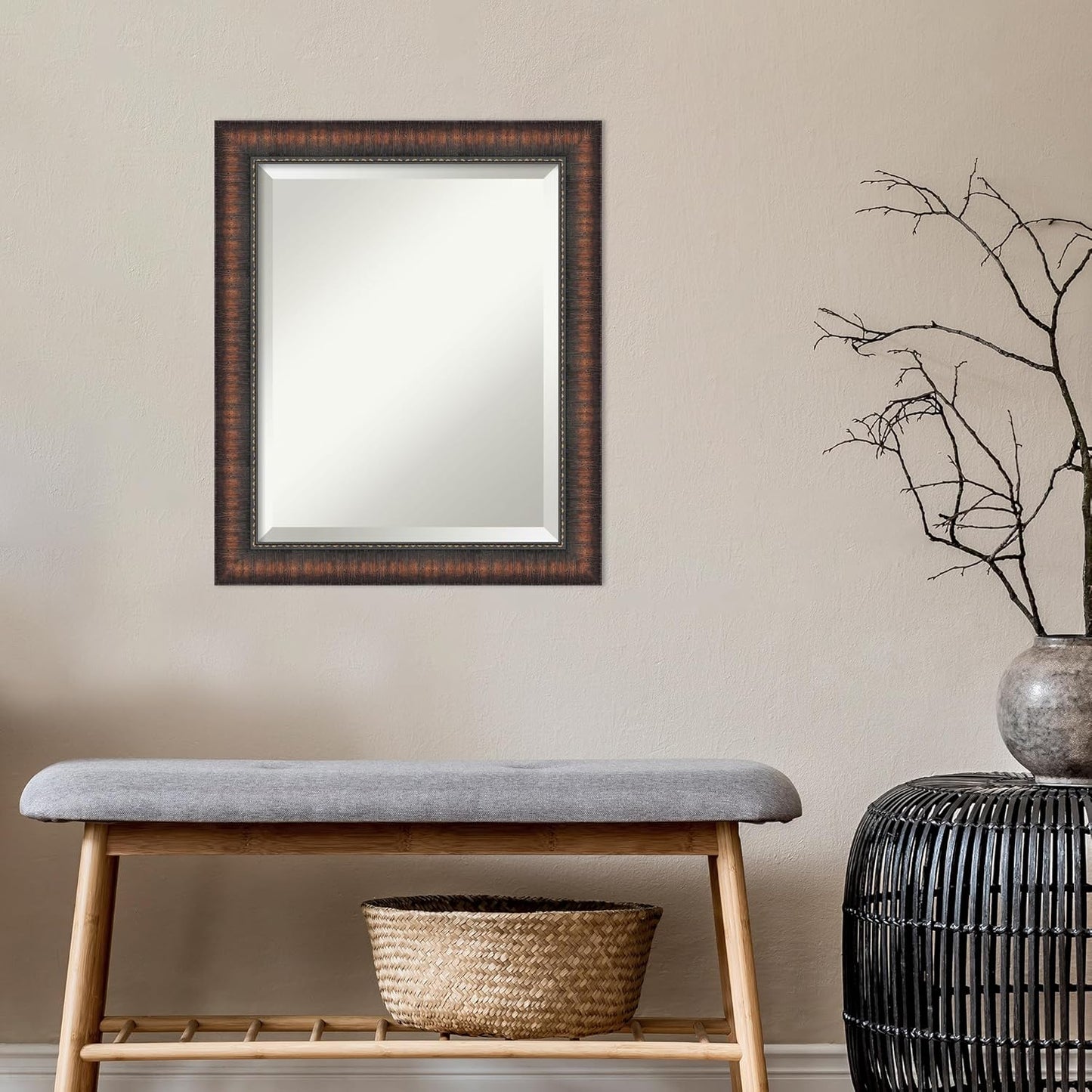 Amanti Art Brown Bathroom Mirror for Over Sink, 24x20 Caleb Brown Rectangle Vanity Mirror, Small Rustic Farmhouse Frame, Hangs Horizonally and Vertically, Bathroom Wall Decor, Beveled Edge