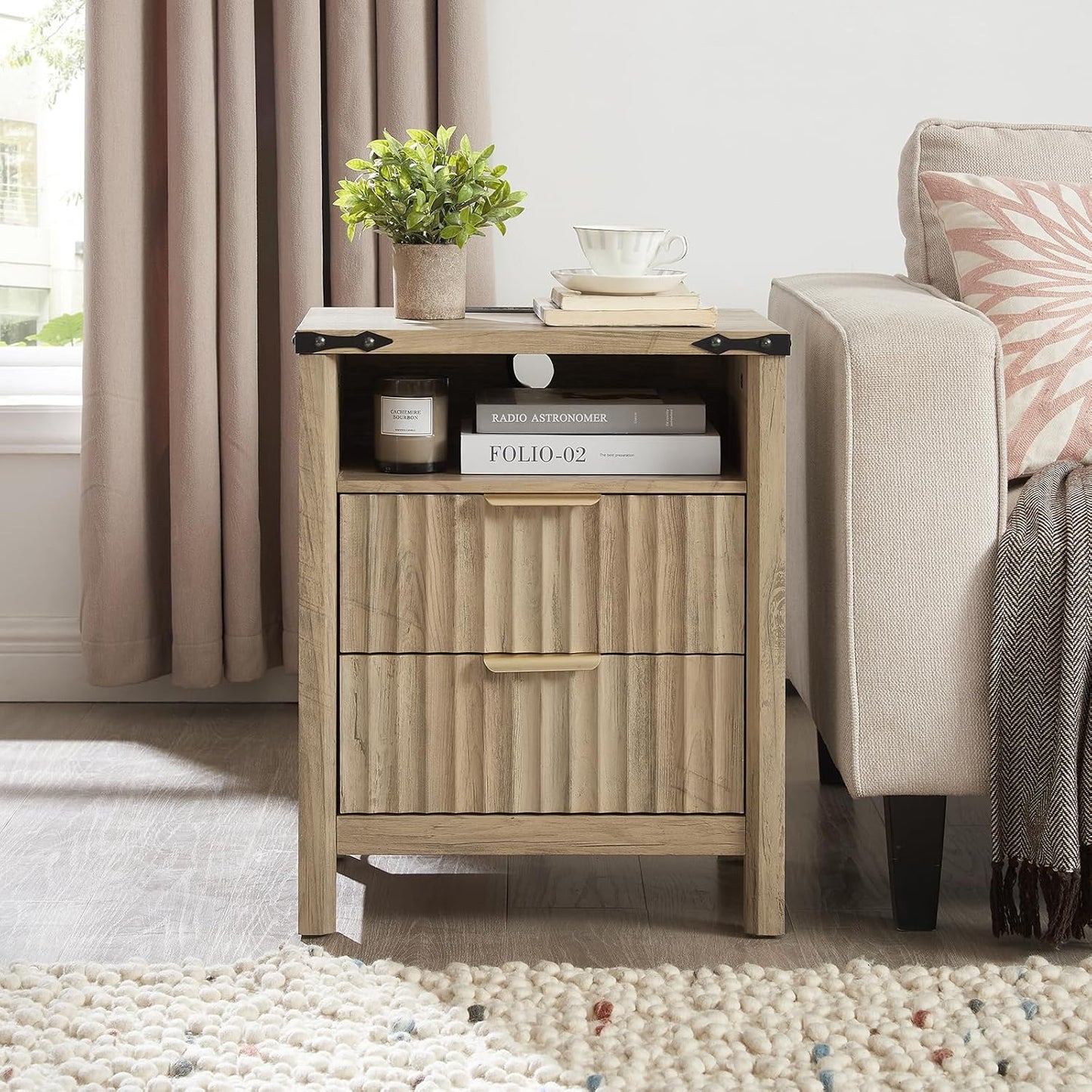 Fluted Nightstand with Charging Station Set of 2-20 Inch Wide Farmhouse Bedside Table with 2 Drawers, Modern Wood End Side Table for Bedroom Study Storage Sunwashed Ash Oak