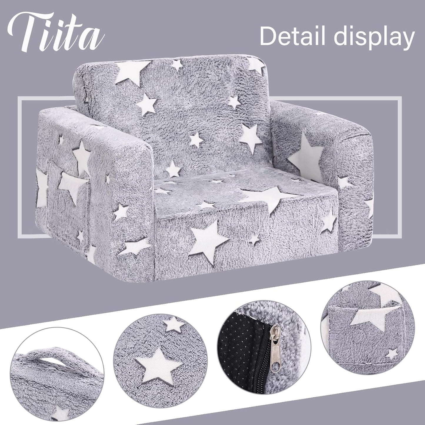Tiita Kids Chair Couch, Folding Toddler Comfy Sofa Chairs, 2-in-1 Kids Plush Sofa Fold Out, Baby Armrest Chair Sofa to Lounger, Convertible Play Sofas to Bed for Girl or Boy, Grey Star