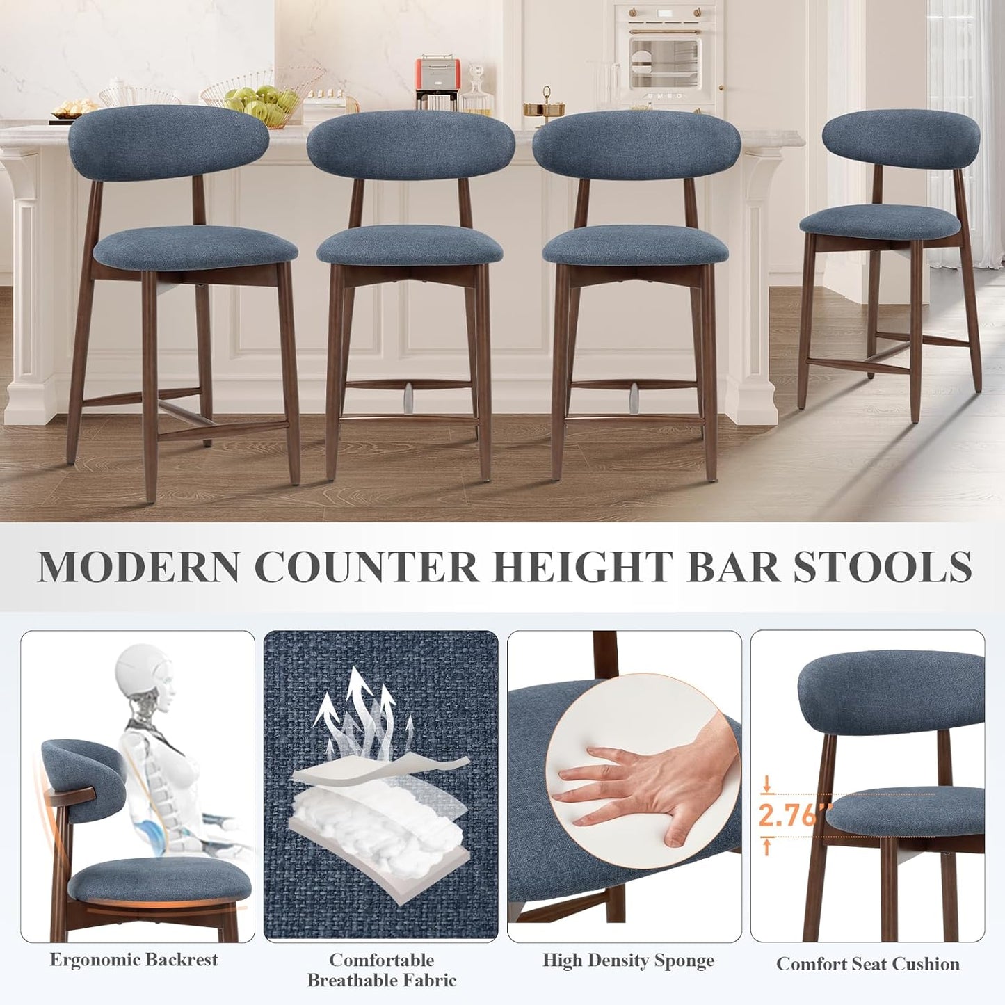 Upholstered Counter Height Bar Stools Set of 2, Modern Kitchen Island Barstools Chairs with Back and Wood Legs for Dining Room Bar, Blue