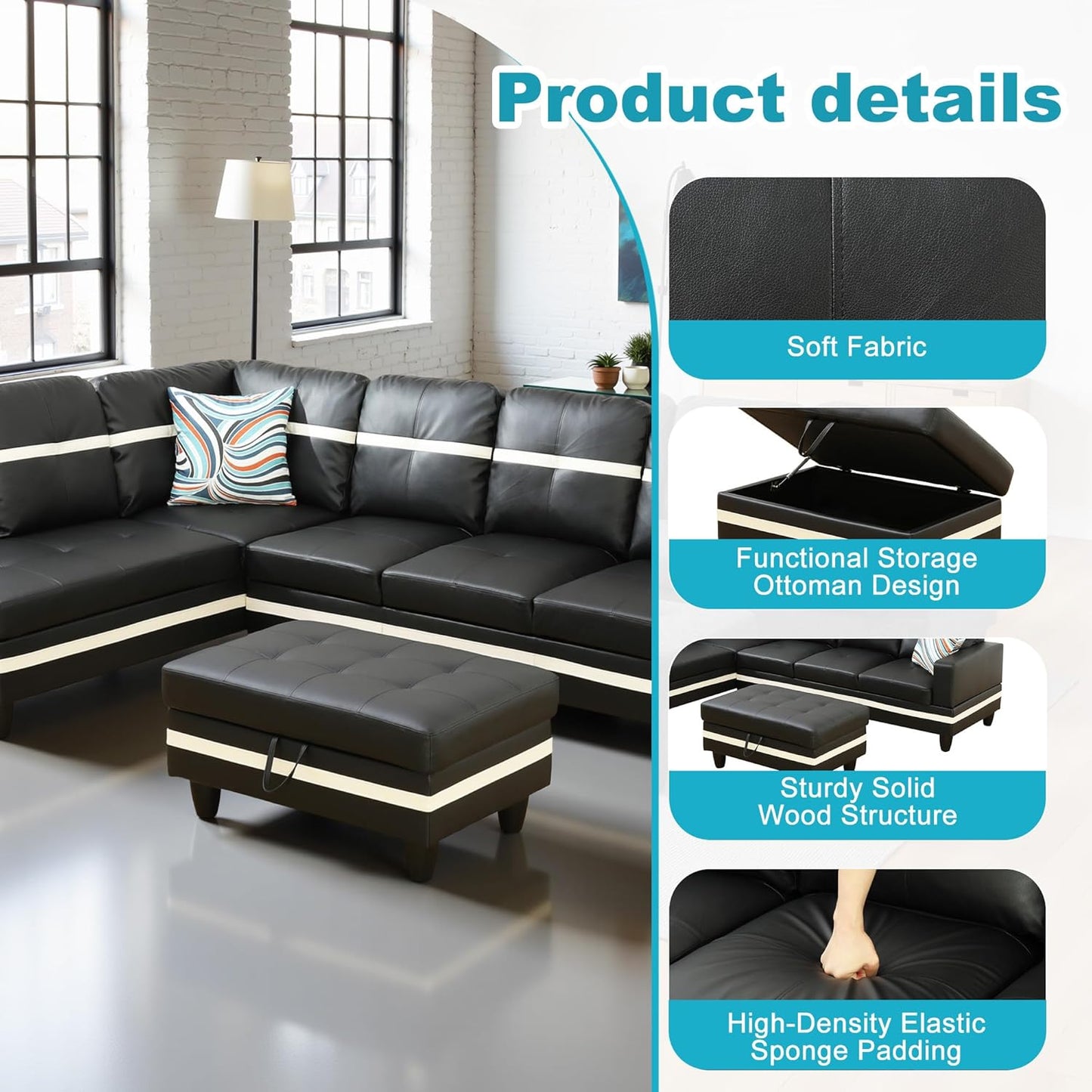 L Shaped Couch PU Leather Sectional Couch Upholstered 3 Pieces Sofas for Living Room with Chaise, Storage Ottoman for Office and Small Apartment, Black