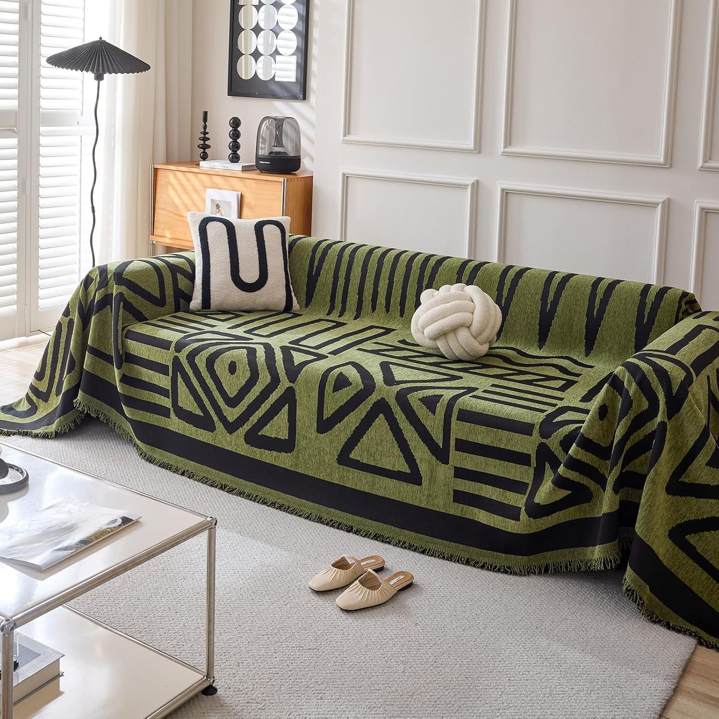 HANDONTIME Boho Geometric Couch Covers for Sofa Pet Friendly Avocado and Black Sofa Covers Washable Chenille Couch Blanket Cover for 1 2 Cushion Couches Pet Protector Furniture Cover Soft, 71" X 102"