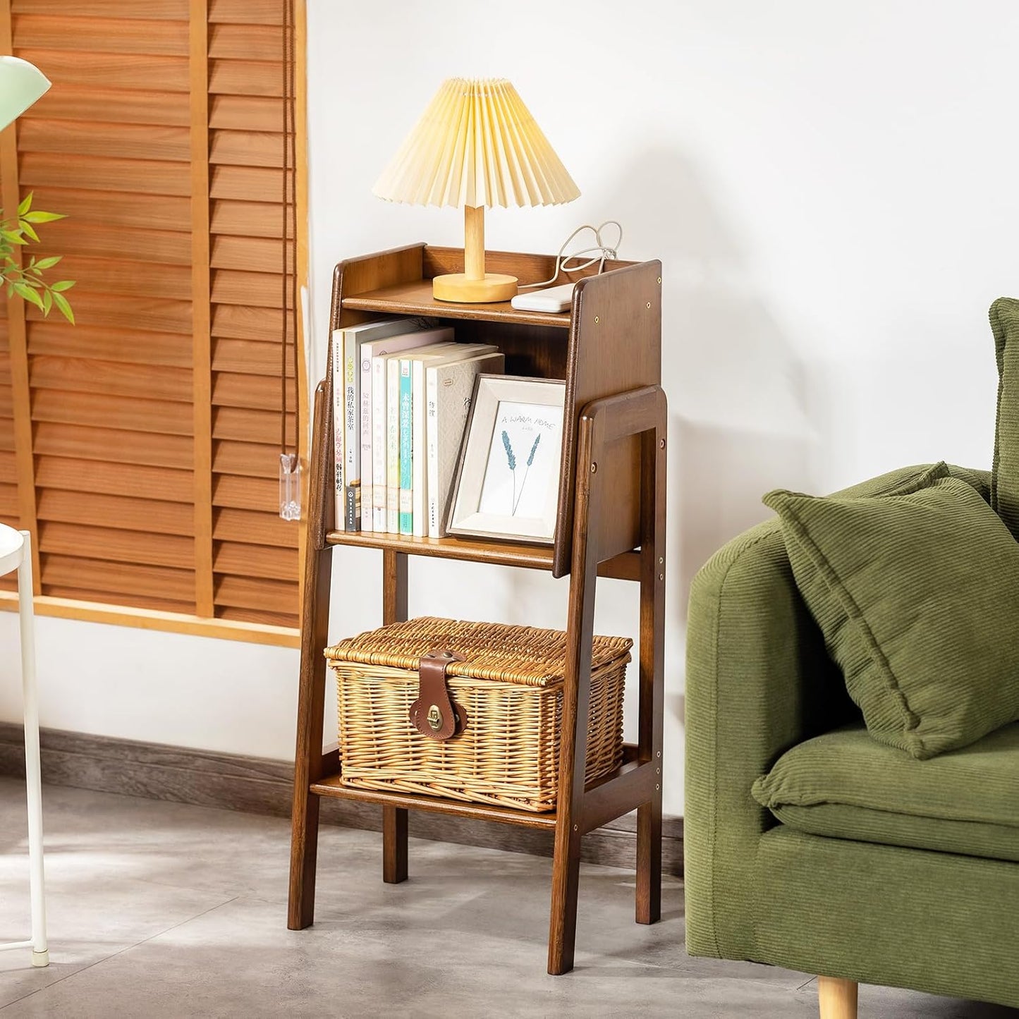 Welnow Bamboo Bookcase with Cabinet, Natural End Table with 1-Tier Storage Shelf, Modern Bedside Organizer Side Table for Bedroom or Living Room, Walnut Bookshelf with Open Space