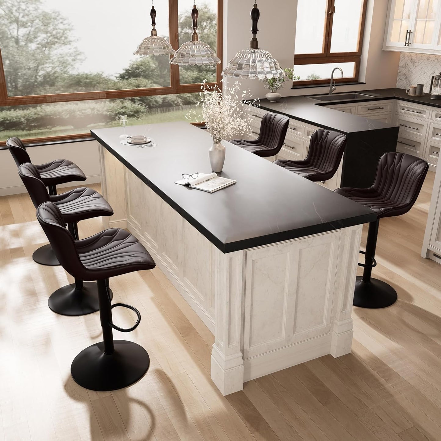 YOUNIKE Brown Bar Stools Set of 6 Modern Swivel Counter Height Bar Chair with Back Adjustable Kitchen Island Faux Leather Padded Barstools taburetes de bar Breakfast sillas para barra de cocina 6PCS