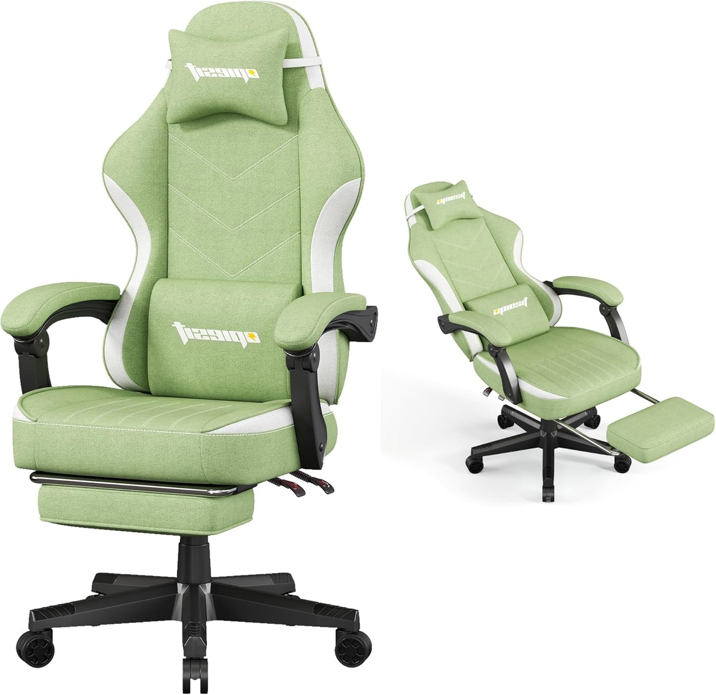 Gaming Chair,Fabric Computer Chair with Pocket Spring Cushion,400 lb Load Capacity,Ergonomic Office Chair with Footrest,Height Adjustable Video Gamer Chair with Lumbar Support (Green)