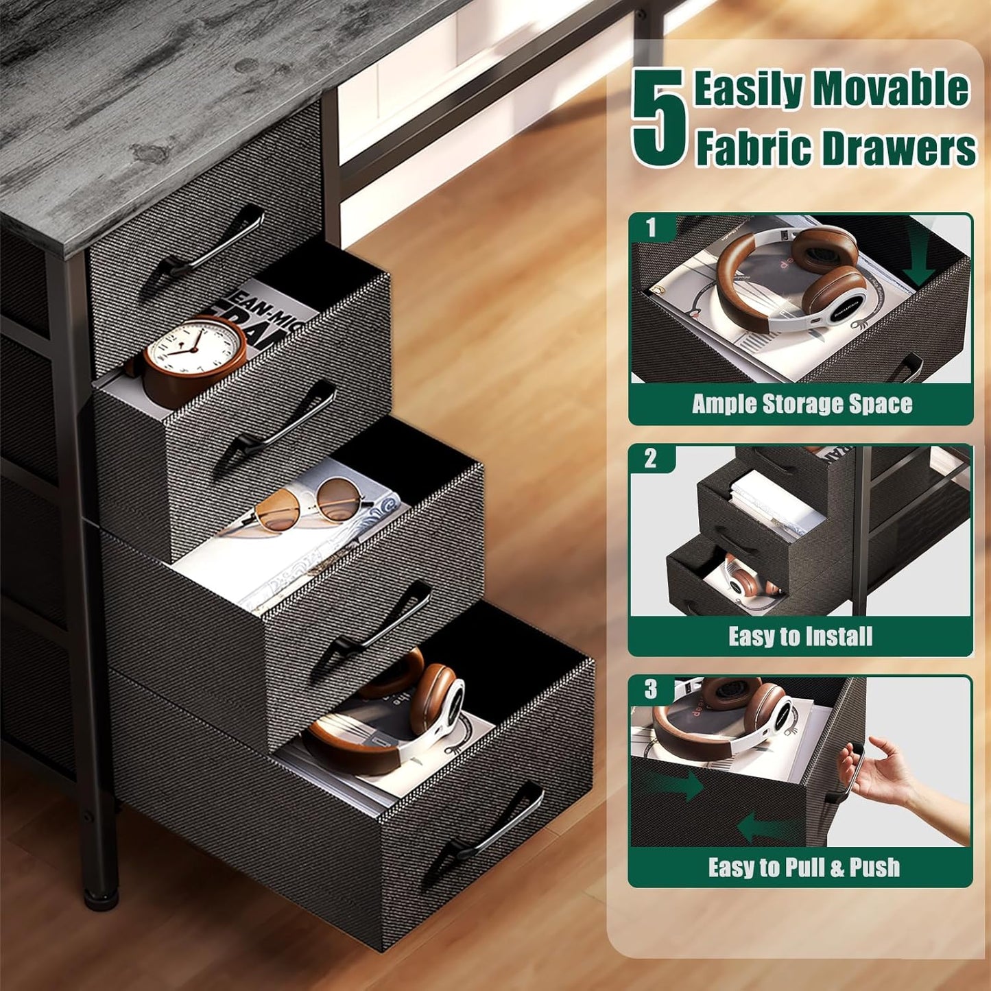 47 Inch Computer Gaming Desk with Power Outlets & LED Lights Reversible Home Office Desk with Adjustable 5 Fabric Storage Drawers for Working Writing Study, Grey