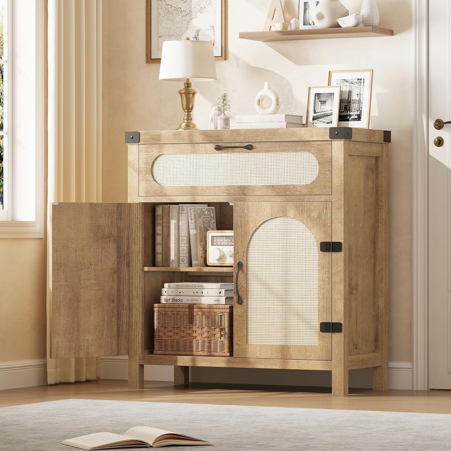 Garvee 29.9'' Small Rattan Buffet Cabinet with Storage, Kitchen Coffee Bar Cabinet with Doors and Drawer, Boho Farmhouse Sideboard with Adjustable Shelves and Handle for Living Room, Natural