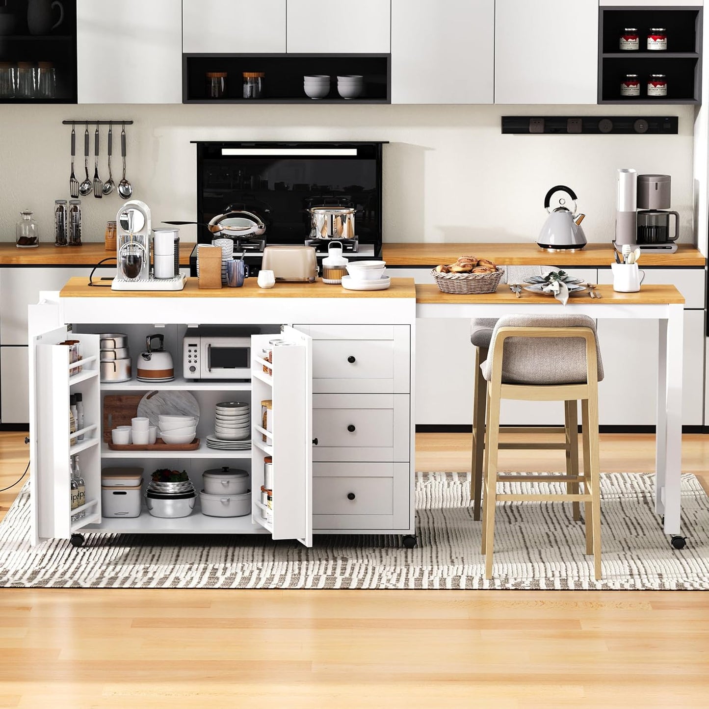 Ball & Cast 74.8" Kitchen Island with Extendable Dining Table,Kitchen Storage Cart W/Power Outlet and 3 Drawers,Rolling Kitchen Island on Wheels W/Spice Rack & 2 Door Cabinet,for Kitchen,White
