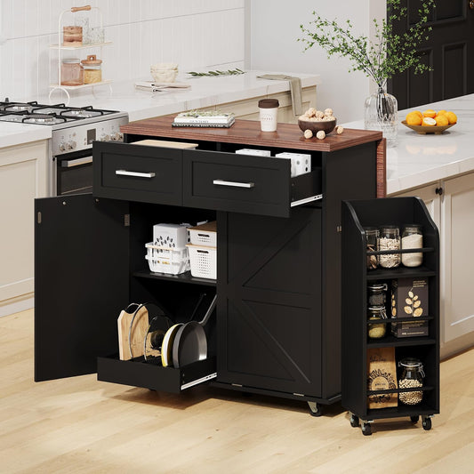 Ball & Cast Farmhouse Kitchen Island with Drop Leaf,Rolling Kitchen Cart on 5 Wheels W/Removable Side Racks and 2 Drawers,Kitchen Storage Cart W/Towel Rack,for Kitchen,Dining Room,Black,47.2"