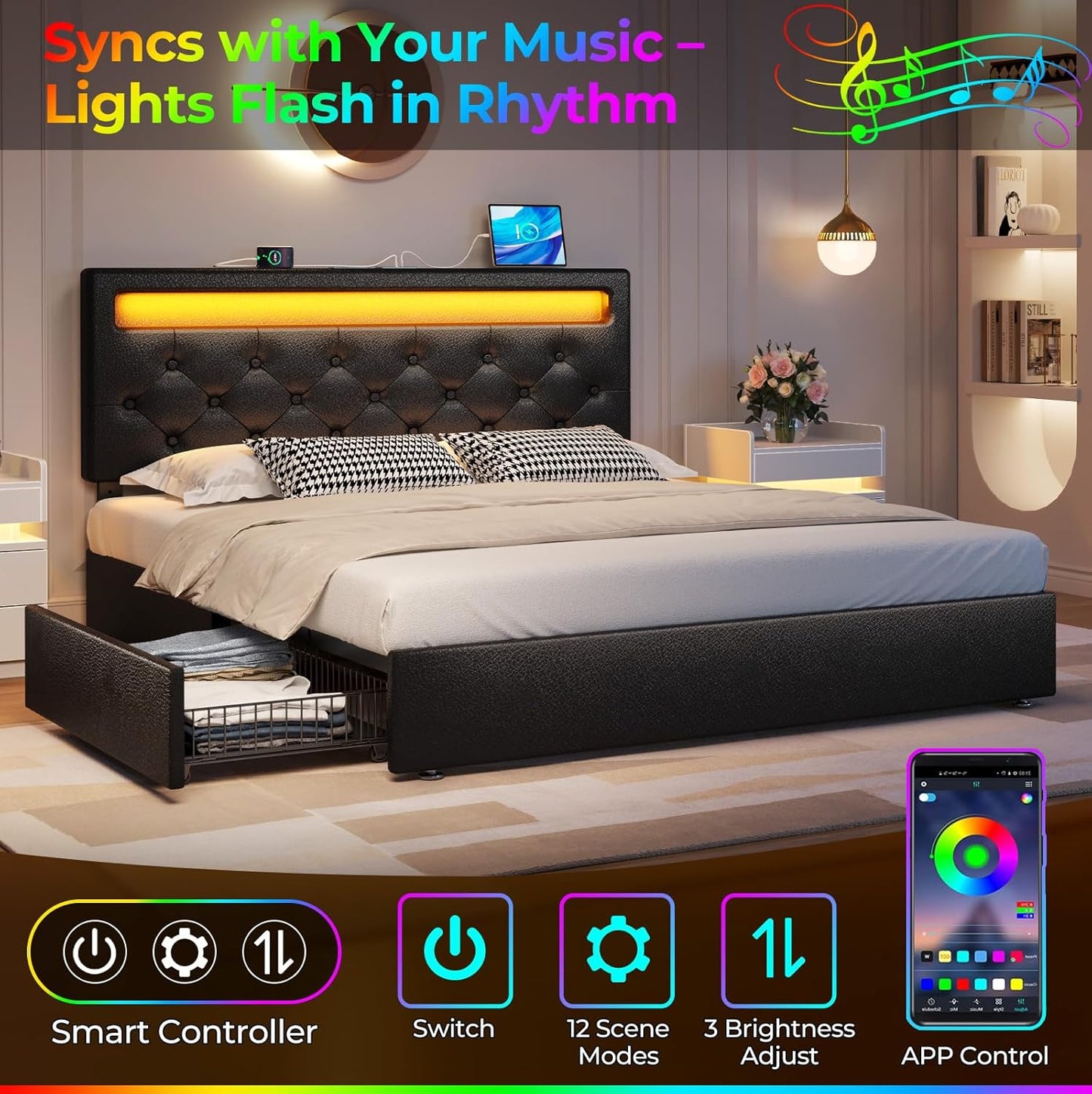 Rolanstar Twin Bed Frame with 4 Storage Drawers and Charging Station,Twin Bed with Led Lights, 2 USB & 1 Type C, Adjustable Headboard 38.9/40.8 Inches, No Box Spring Needed, Black