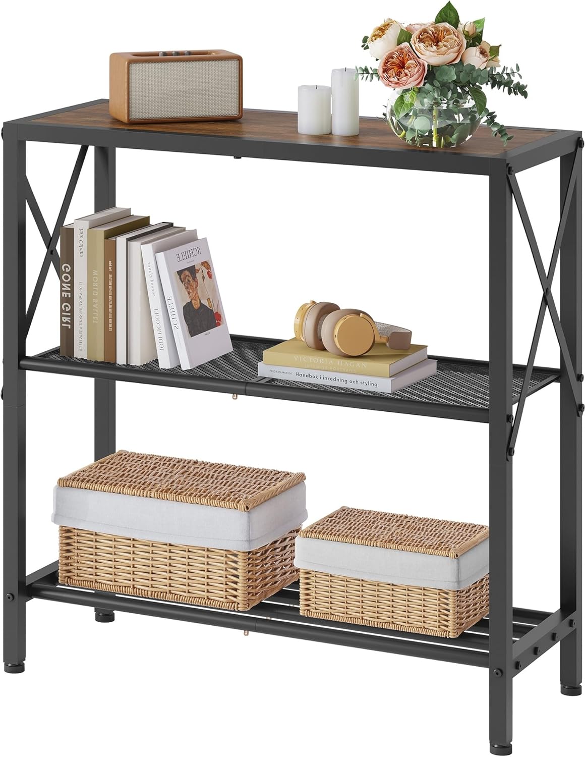 Hoctieon Industrial Console Table, 3-Tier Entryway Tables, Metal Frame, Sofa Table with Shelf, Hallway Tables, Entrance Desk for Entryway, Living Room, Foyer, Hallway, Rustic Brown&Black