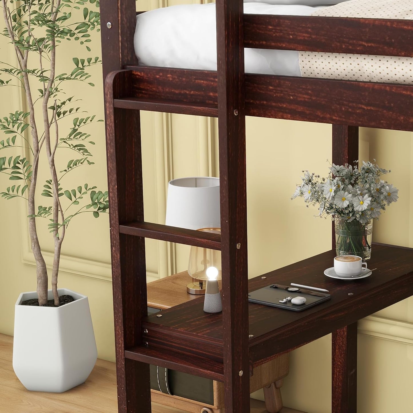 HomSof Modern Twin Loft Bed with Desk and Ladder,Ideal for Small Bedrooms,Espresso