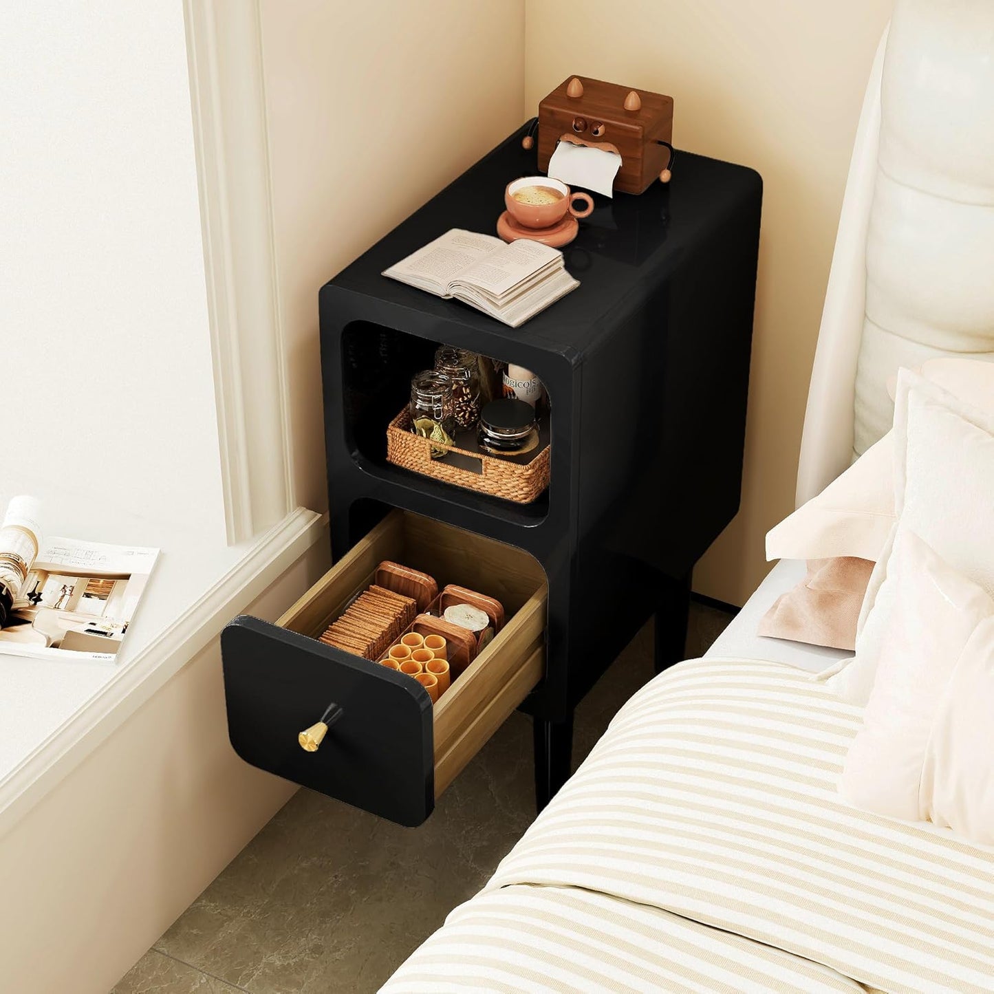 Narrow Nightstand, Solid Wood Night Stand with Drawers, Black Mid Century Modern Nightstand, Small Beside Table with Open Storage Shelf for Bedroom (10 inch)