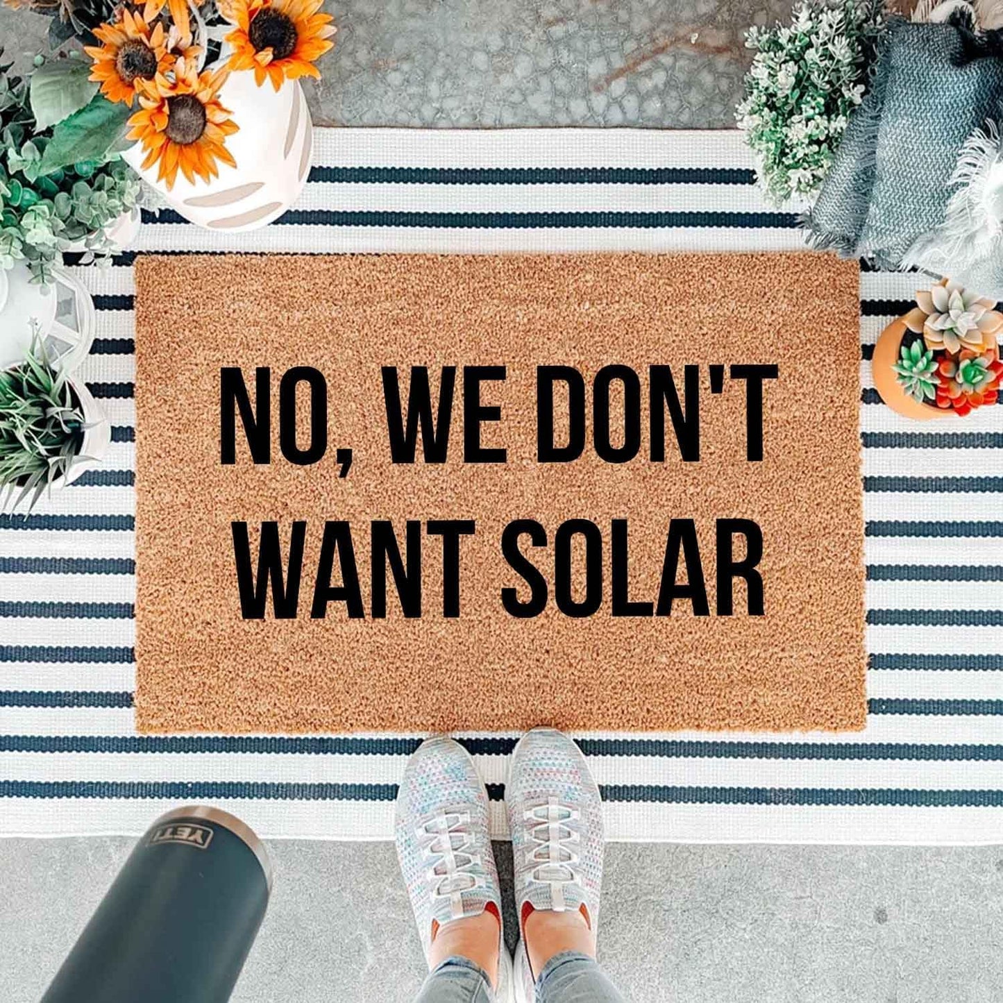Funny Coir Doormat with No, We Don't Want Solar - Front Door Mat, Entryway Welcome Mat, 23.7 x 15.7 inch