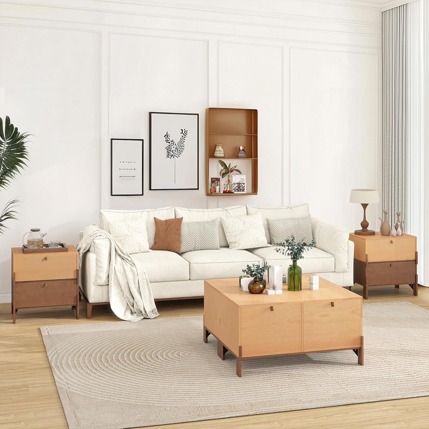 Sebastack Night Stand, Customizable 2 Drawers Bedside Table, End Table, Side Table for Bedroom, Dormitory, Mid-Century Style Wood Chest of Furnitures, Beech and Walnut Color Combo