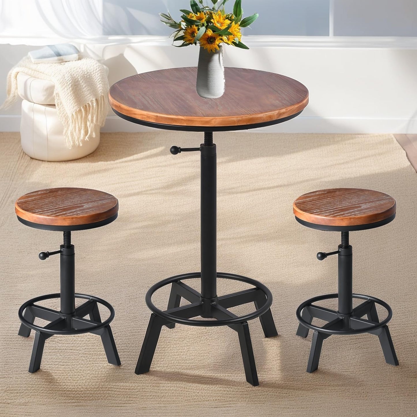 Set of 2-Industrial Bar Stool-Counter Height Chairs- Swivel Wooden Seat- Adjustable 17.7-24inch