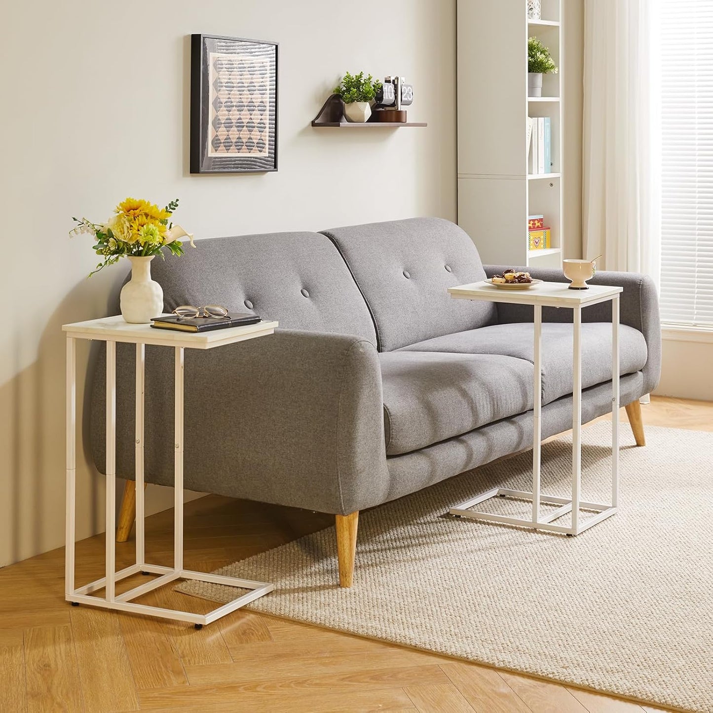 C Shaped End Table Set of 2, Small Side Table for Sofa and Bed, White Bedside Table, Laptop Desk for Couch 16x12x25 inch Faux Marble+White YD-TM051W-2